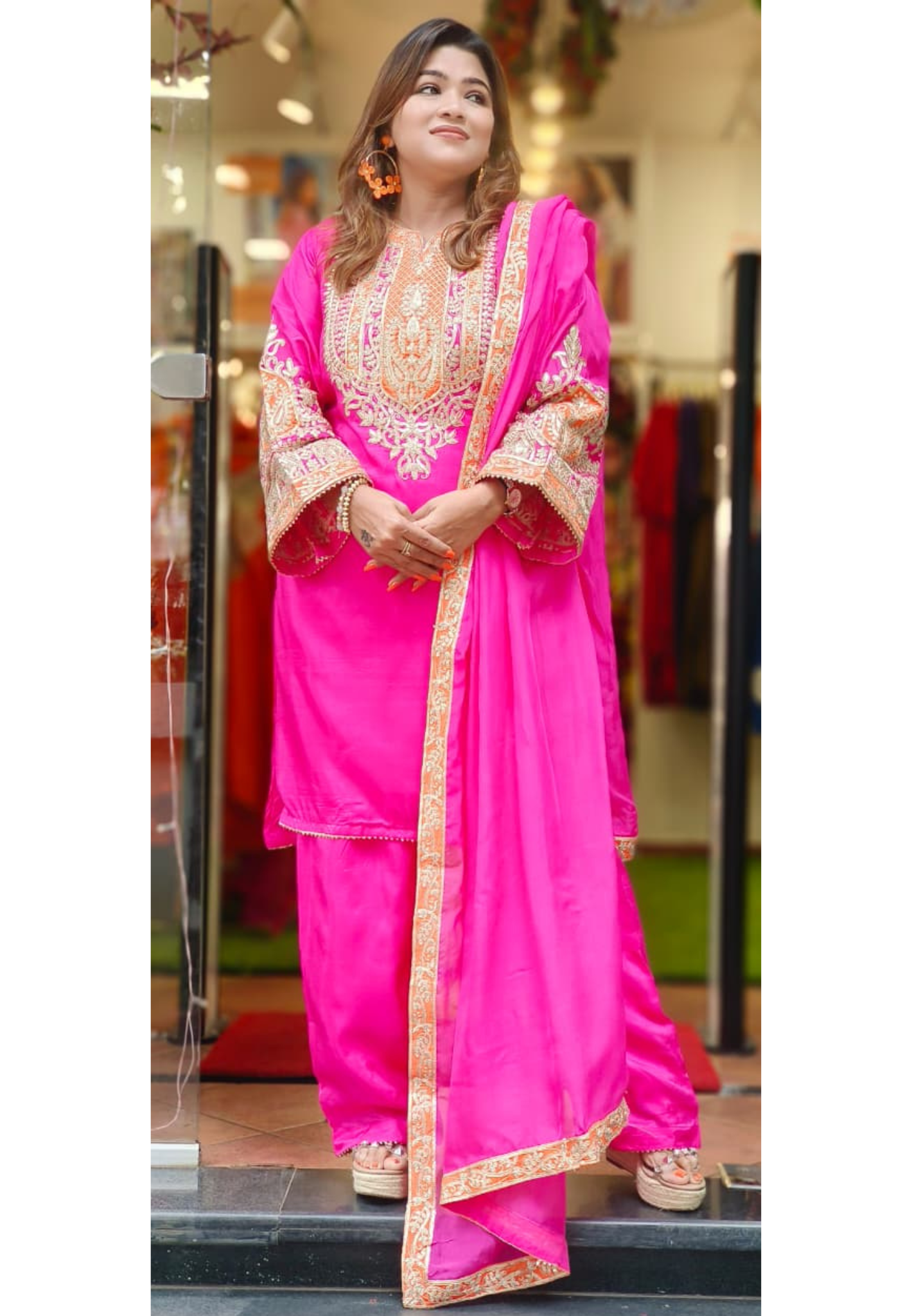 Beautiful Thread Embroidered Heavy Machine Work Short Length A-Line Full Suit Set With Dupatta