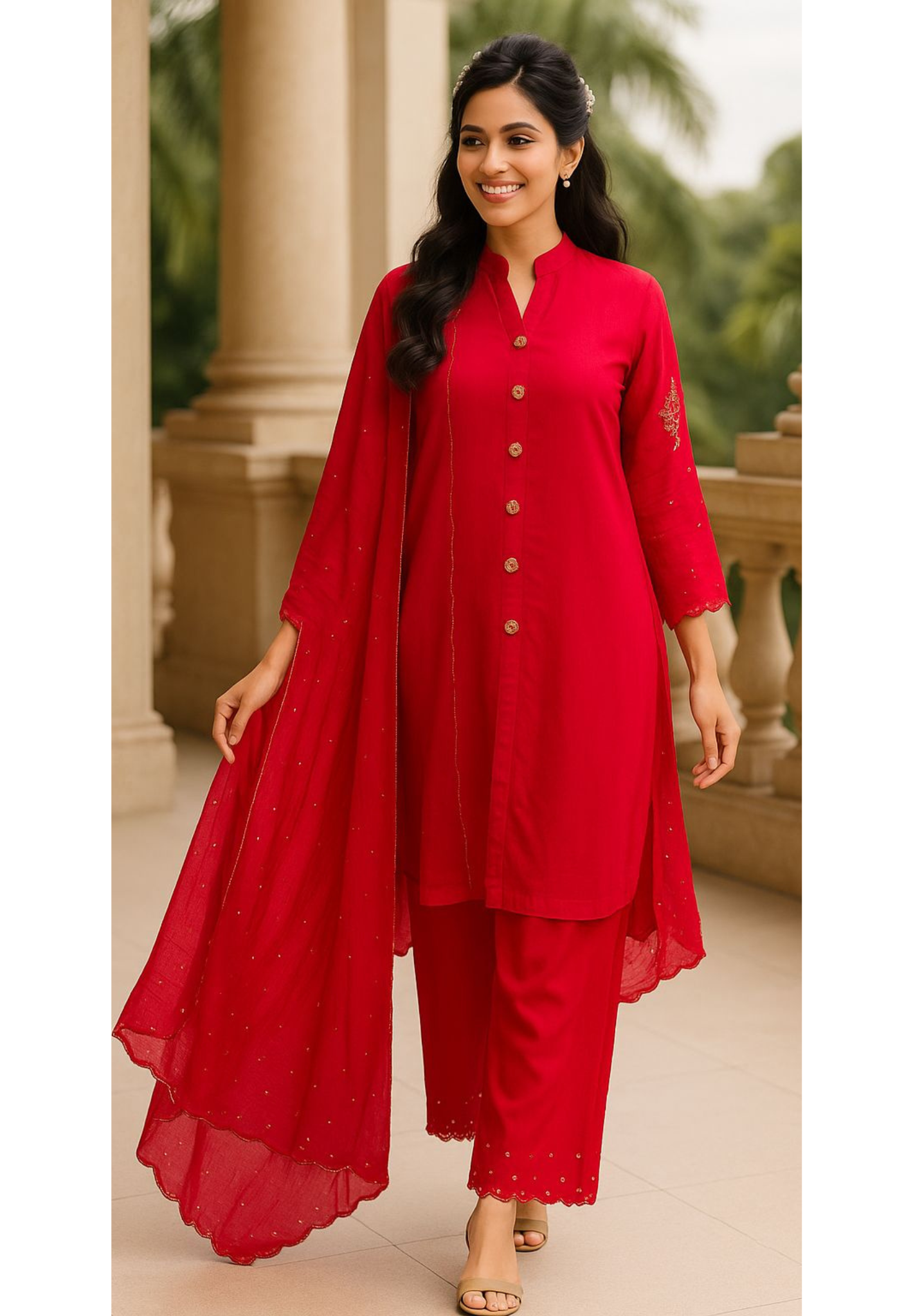 Radiant Blush Minimal Work Mandarin Collar Buttoned Full Suit Set With Dupatta- 11230