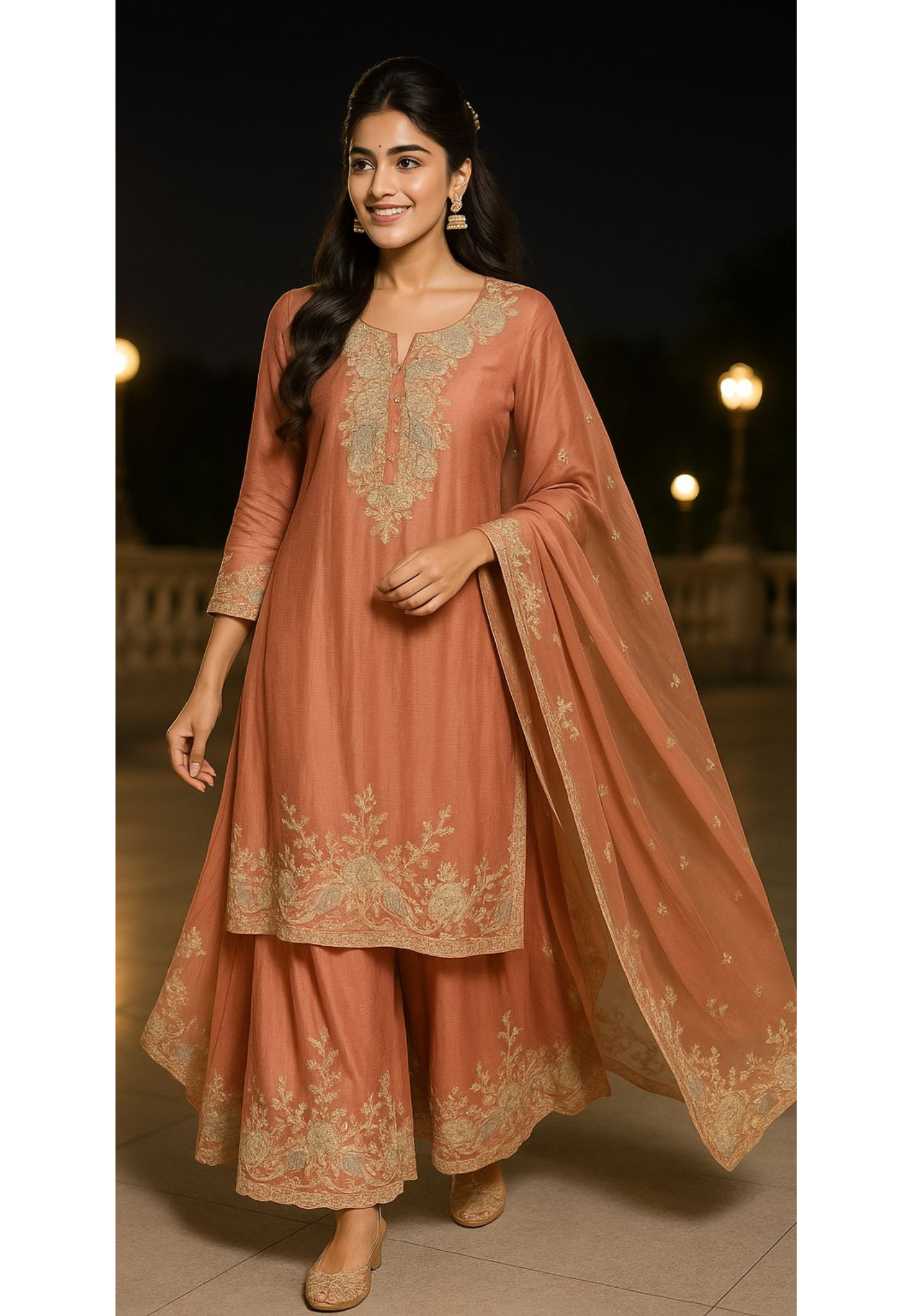 Rustic Charm Minimal Hand With Machine Work Full Suit Set With Dupatta & Loose Panel Palazzo Bottom In Chinon Fabric