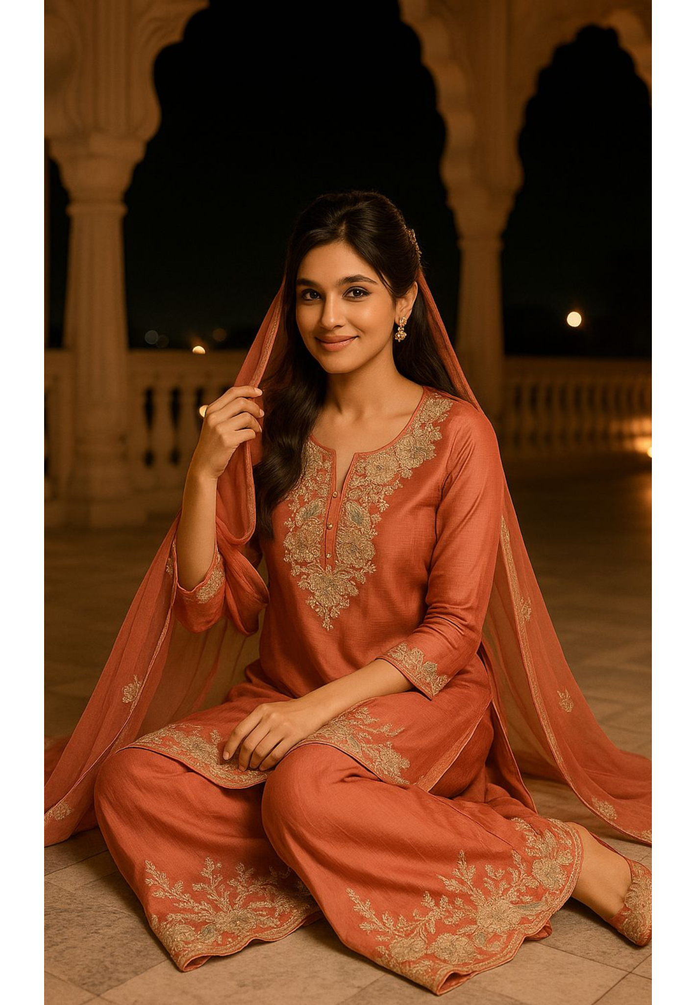 Rustic Charm Minimal Hand With Machine Work Full Suit Set With Dupatta & Loose Panel Palazzo Bottom In Chinon Fabric