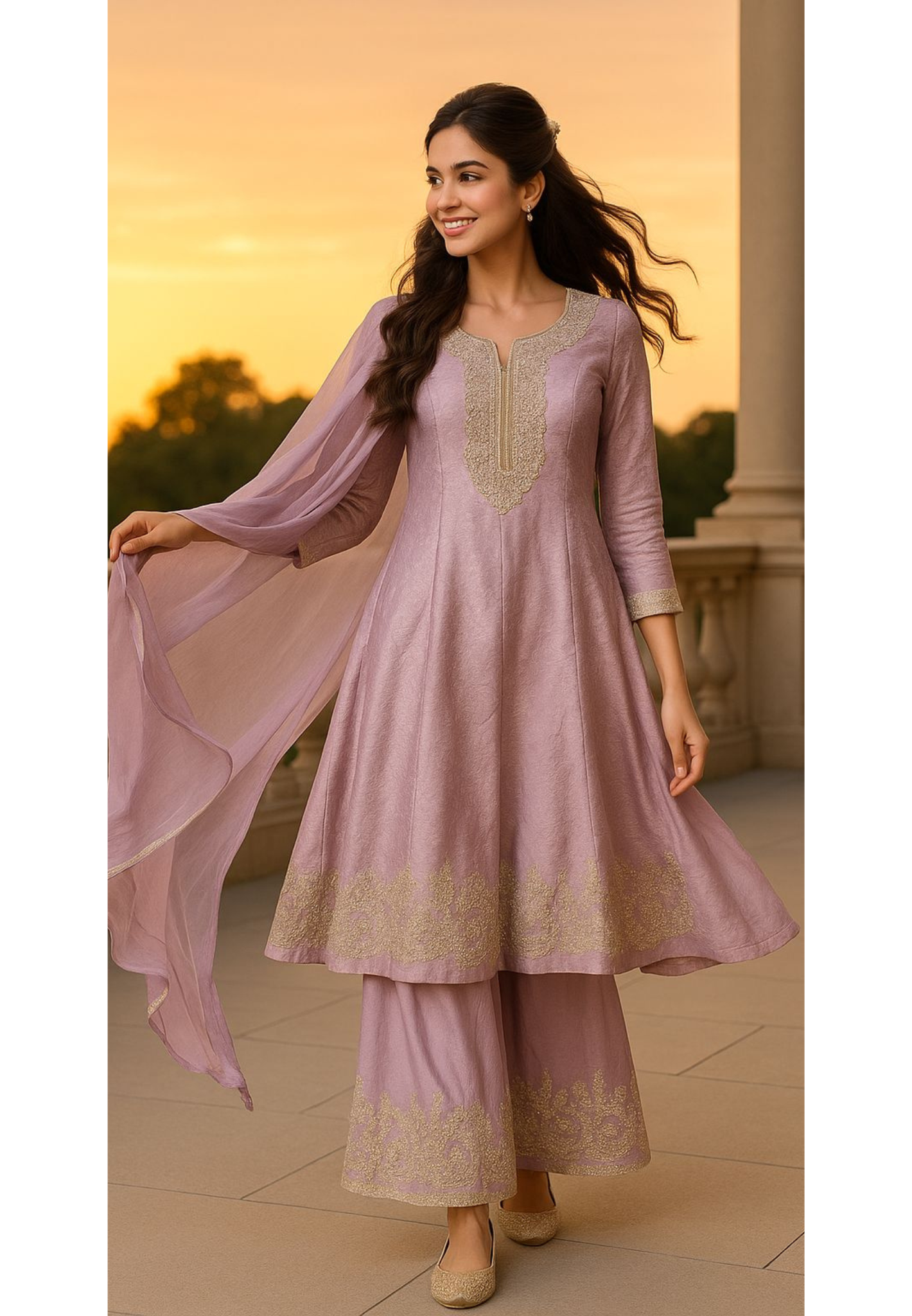 Zardosi Work Brocade Short Length Panel Anarkali With Loose Palazzo Work Bottom & Bordered Dupatta- 11226