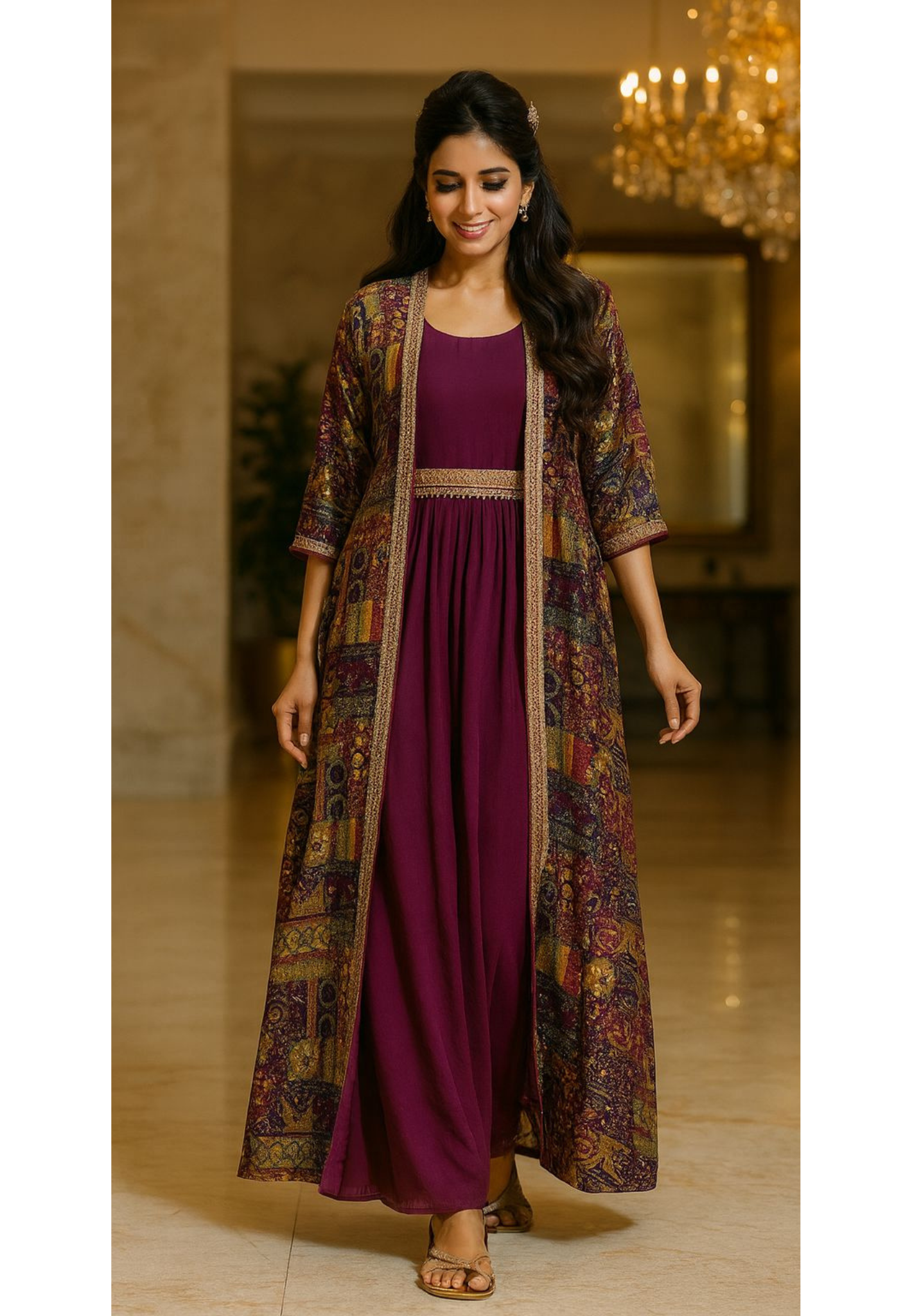 Real Mirror & Beads Work Indo Western Wear With Shrug & Belt- 07870