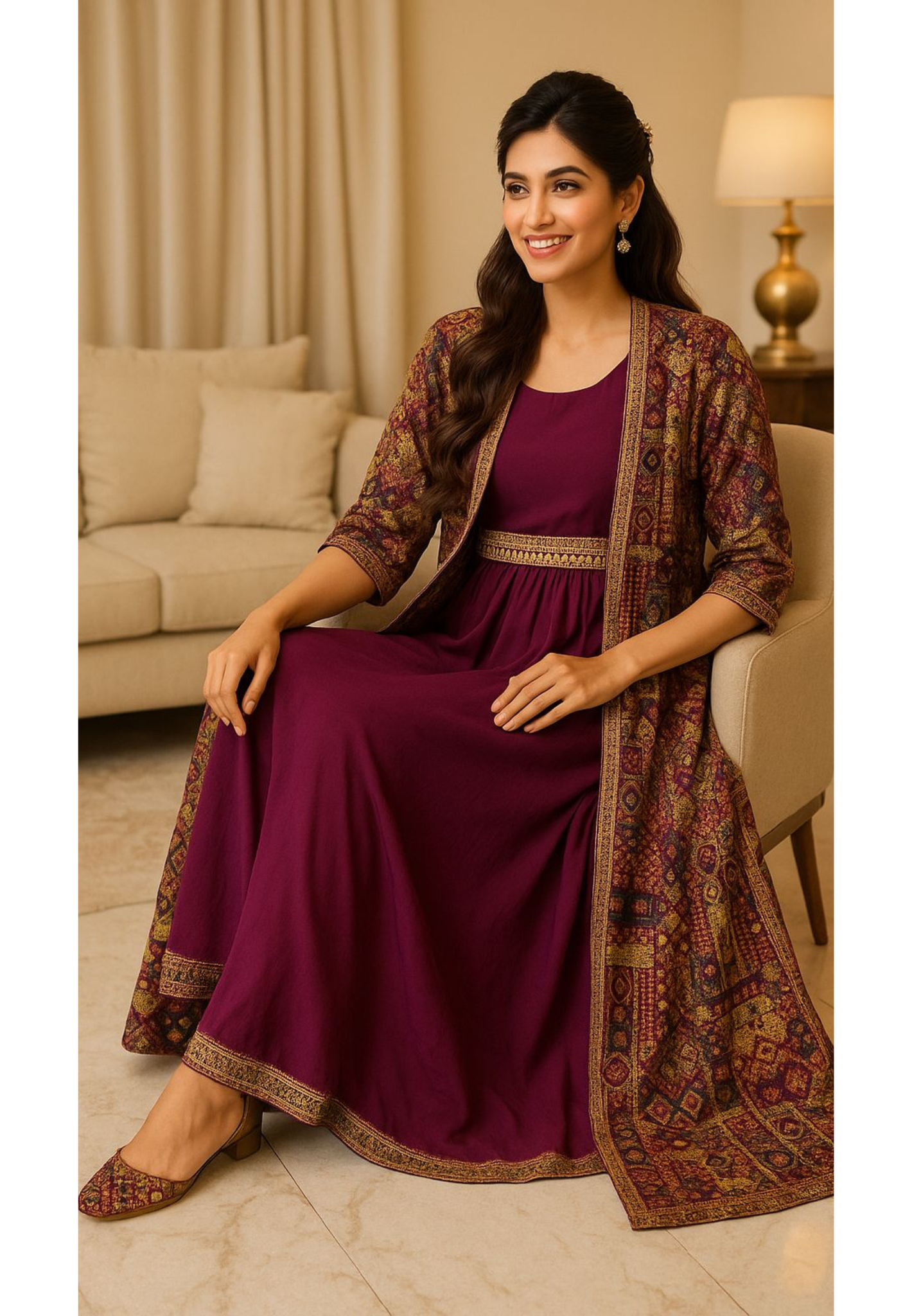 Real Mirror & Beads Work Indo Western Wear With Shrug & Belt- 07870