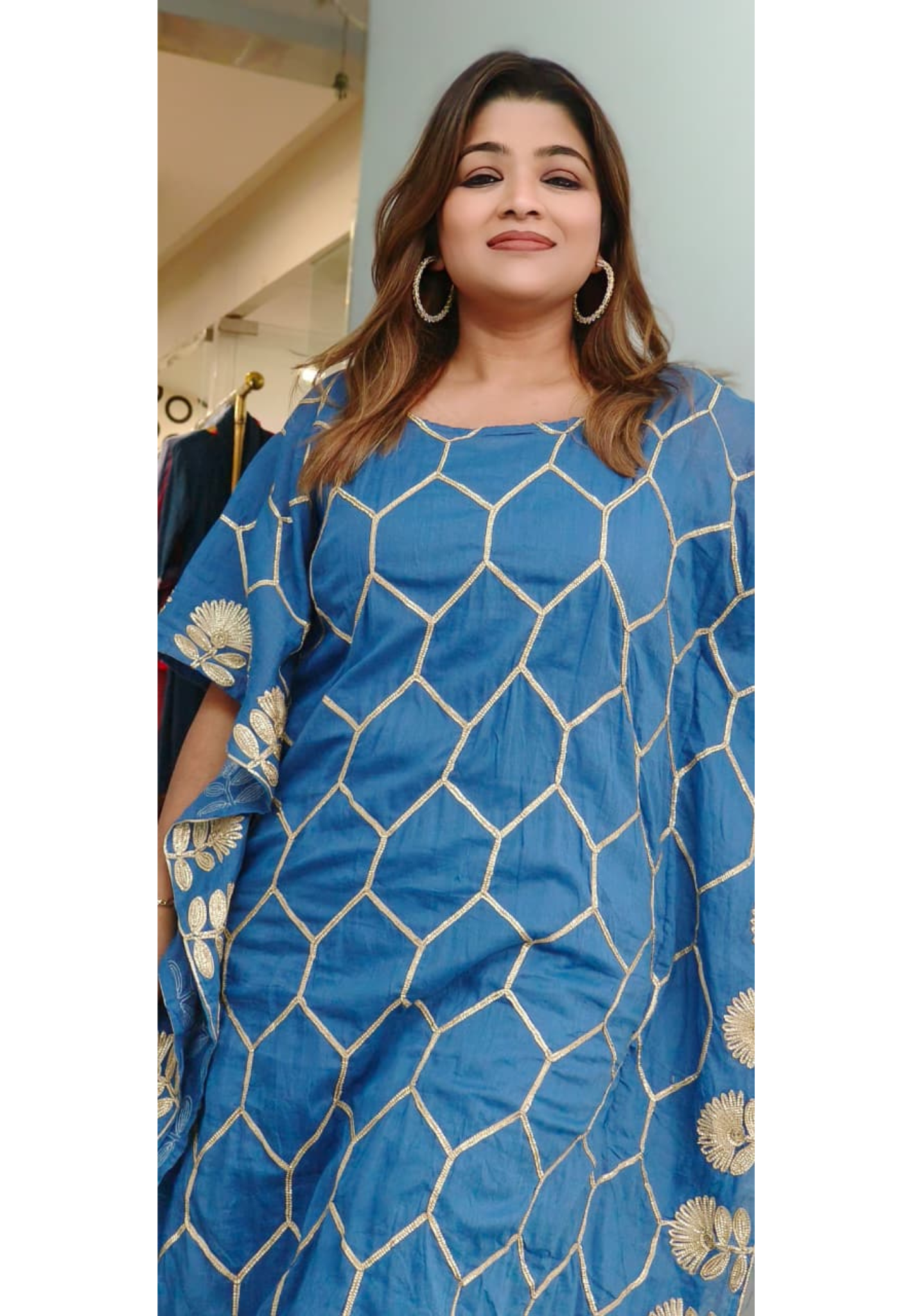 Golden Touch Hexagon Zari Embroidered Extract Kaftan With Inner & Bottom In Muslin Fabric-11419