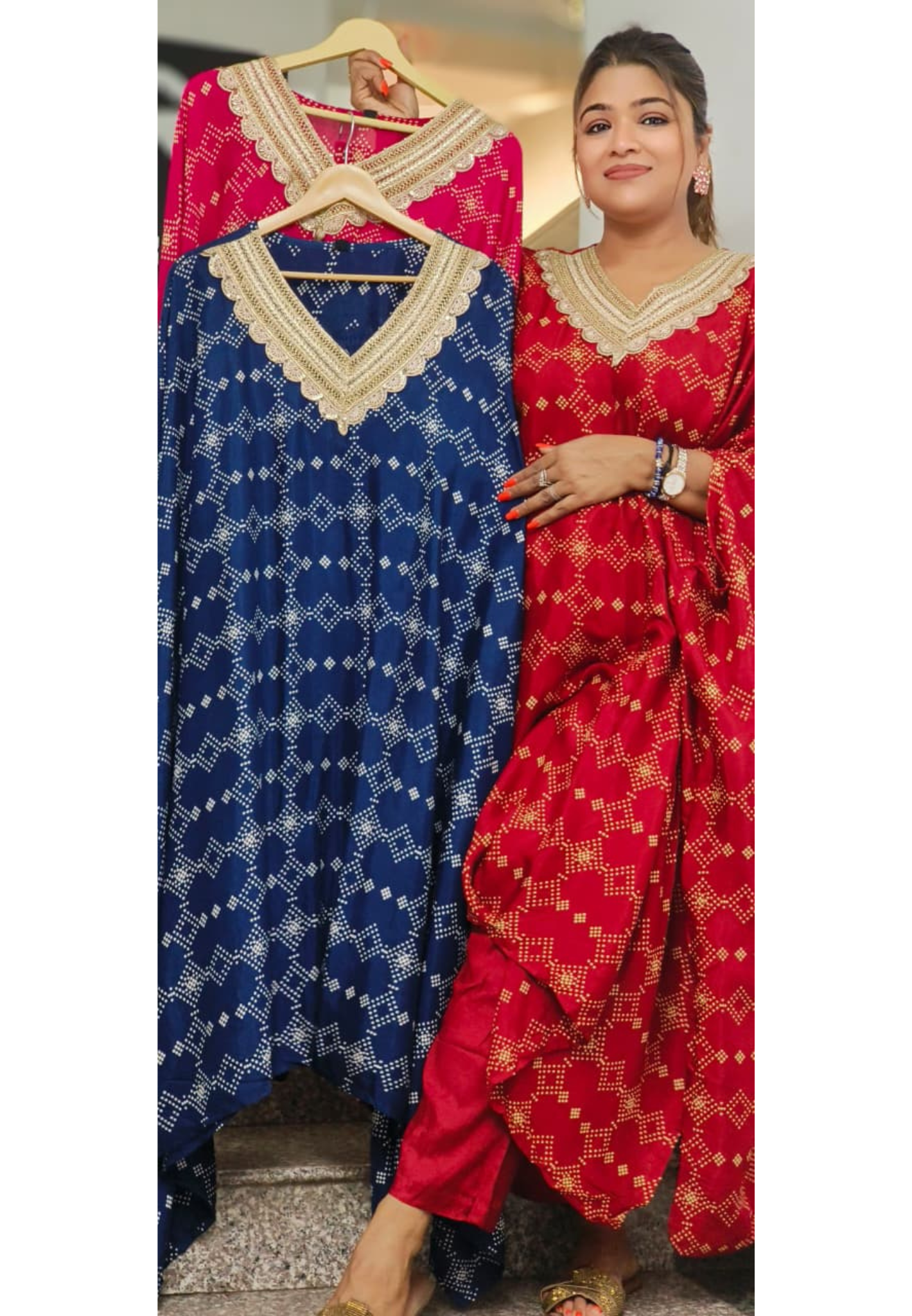 Zari V-Neck Polka Dotted Bright Kaftan Suit With Bottom In Muslin Fabric