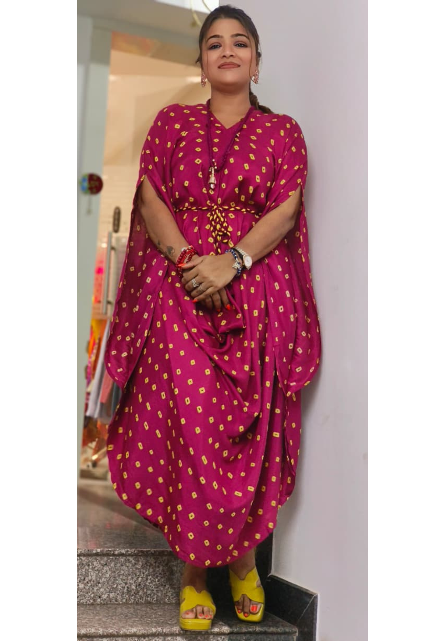 Bandhej Print Cowl Style Very Flared Casual Frock In Muslin Fabric