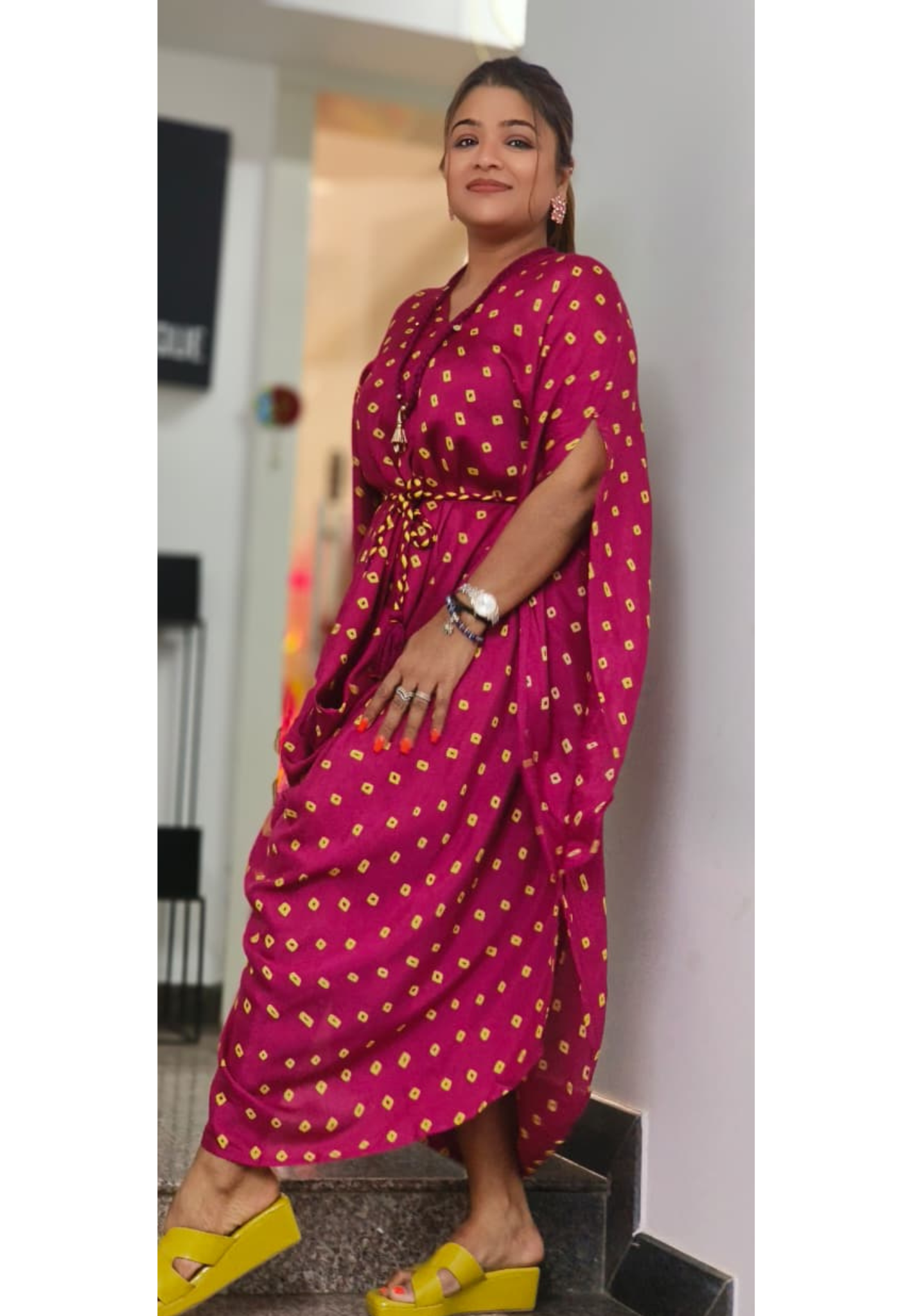 Bandhej Print Cowl Style Very Flared Casual Frock In Muslin Fabric