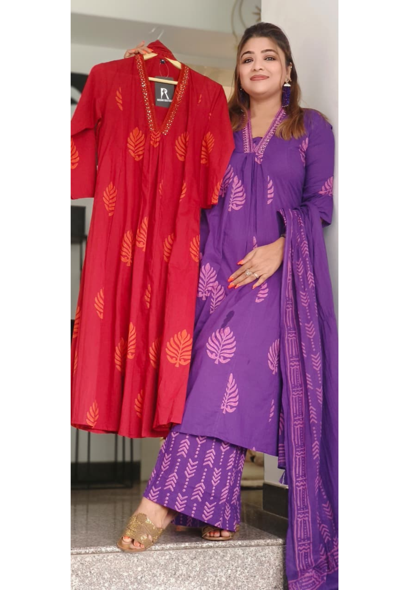Abstract Print A-Line Full Suit Set With Dupatta & Loose Bottom In Cotton Fabric