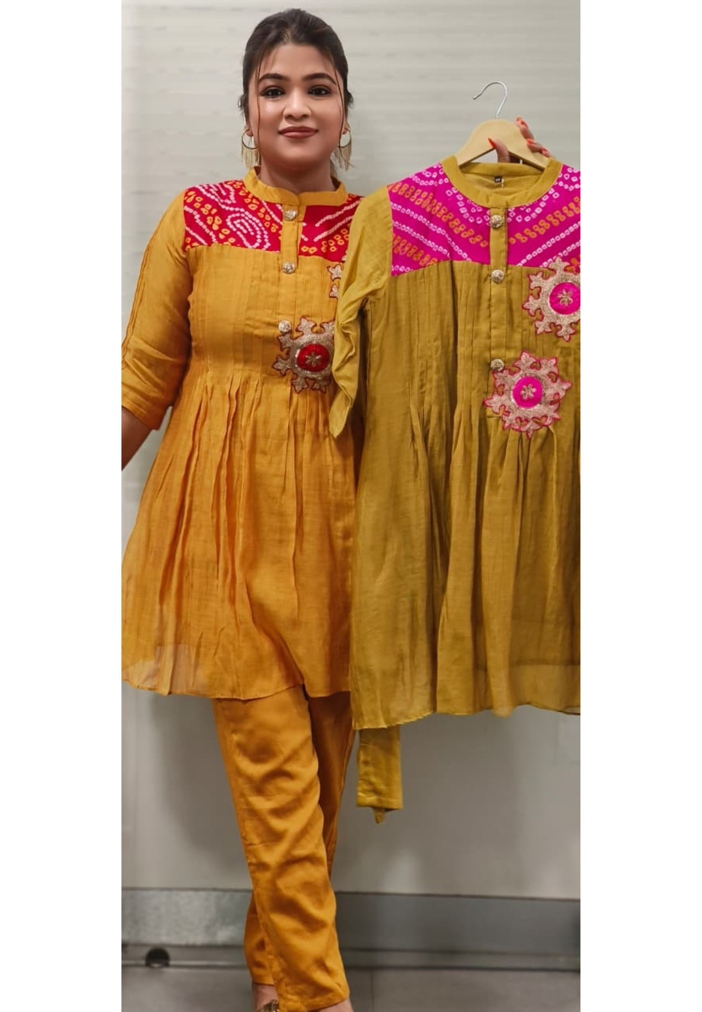 Vibrant Mul Chanderi Co-Ord Set With Bandhej Yoke & Embroidered Detailing- 11408, 11409