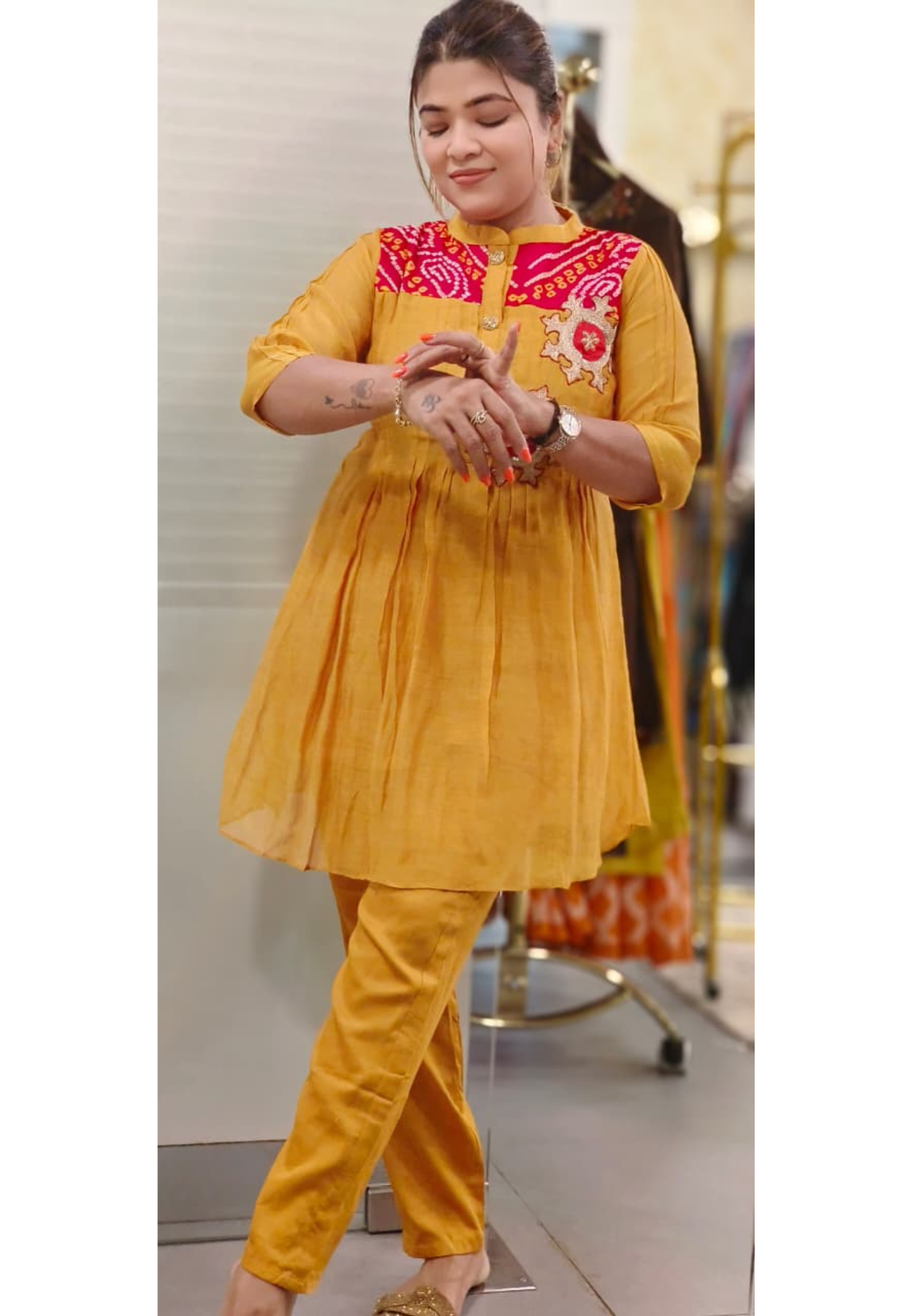 Vibrant Mul Chanderi Co-Ord Set With Bandhej Yoke & Embroidered Detailing- 11408, 11409