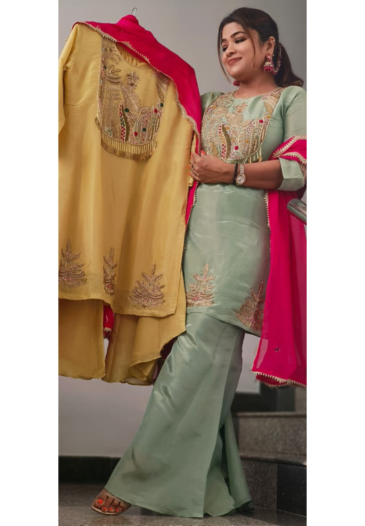 Bead & Stone Embellishments Leafy Tasseled Sunshine Charm Full Suit Set With Dupatta & Tapered Palazzo In Shimmer Tissue Fabric-11434,11435
