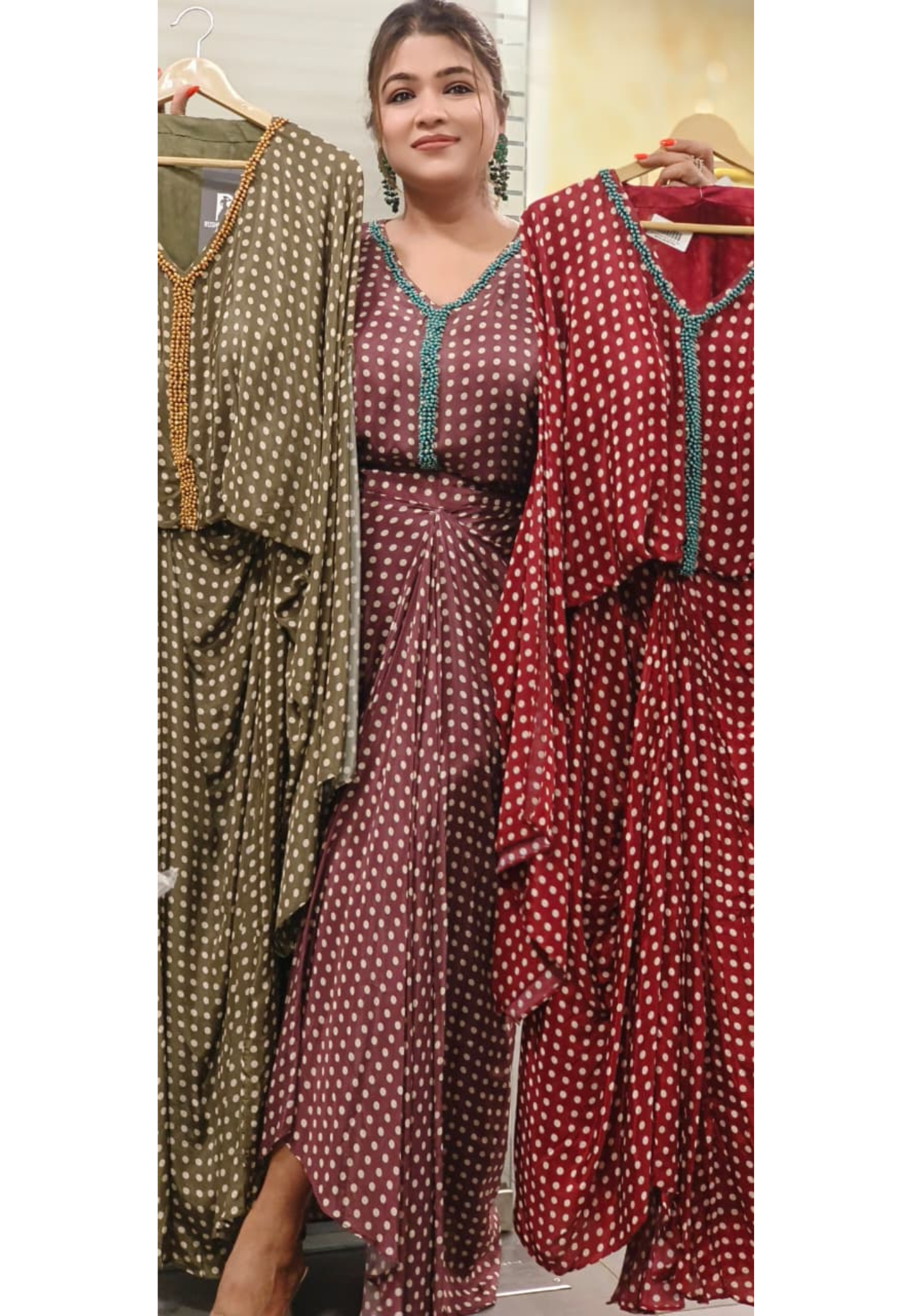 Tiny Pearl Bordered Polka Dotted Indo-Western Loose Balloon Top With Drape Skirt In Crepe Fabric- 11367