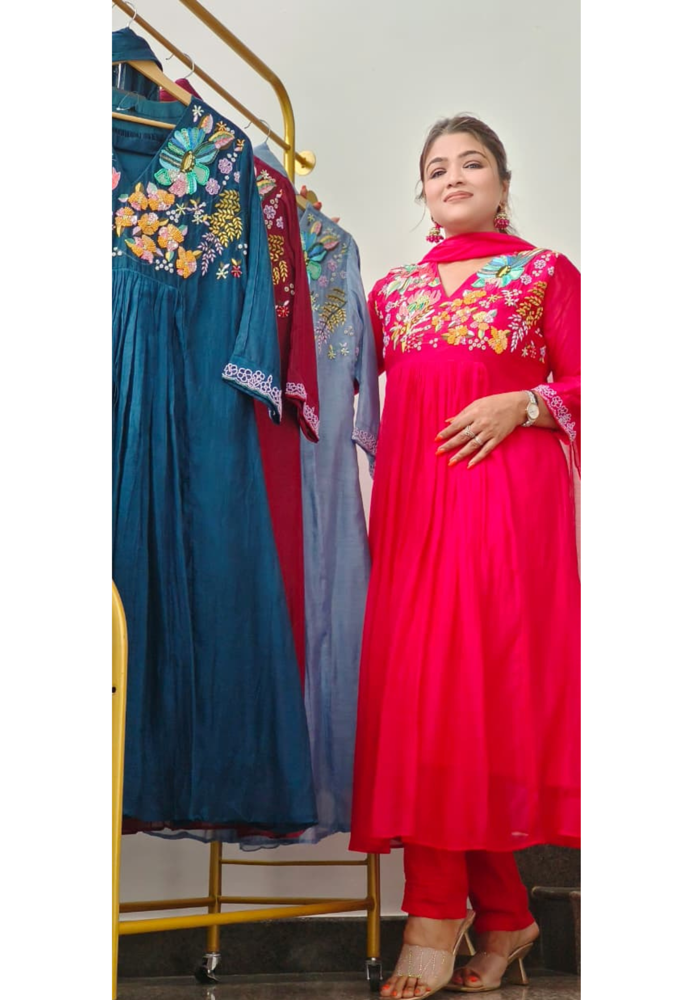 Beads Cut Dana Embroidered Yoke Mul-Chanderi A-Line Full Suit Set With Dupatta