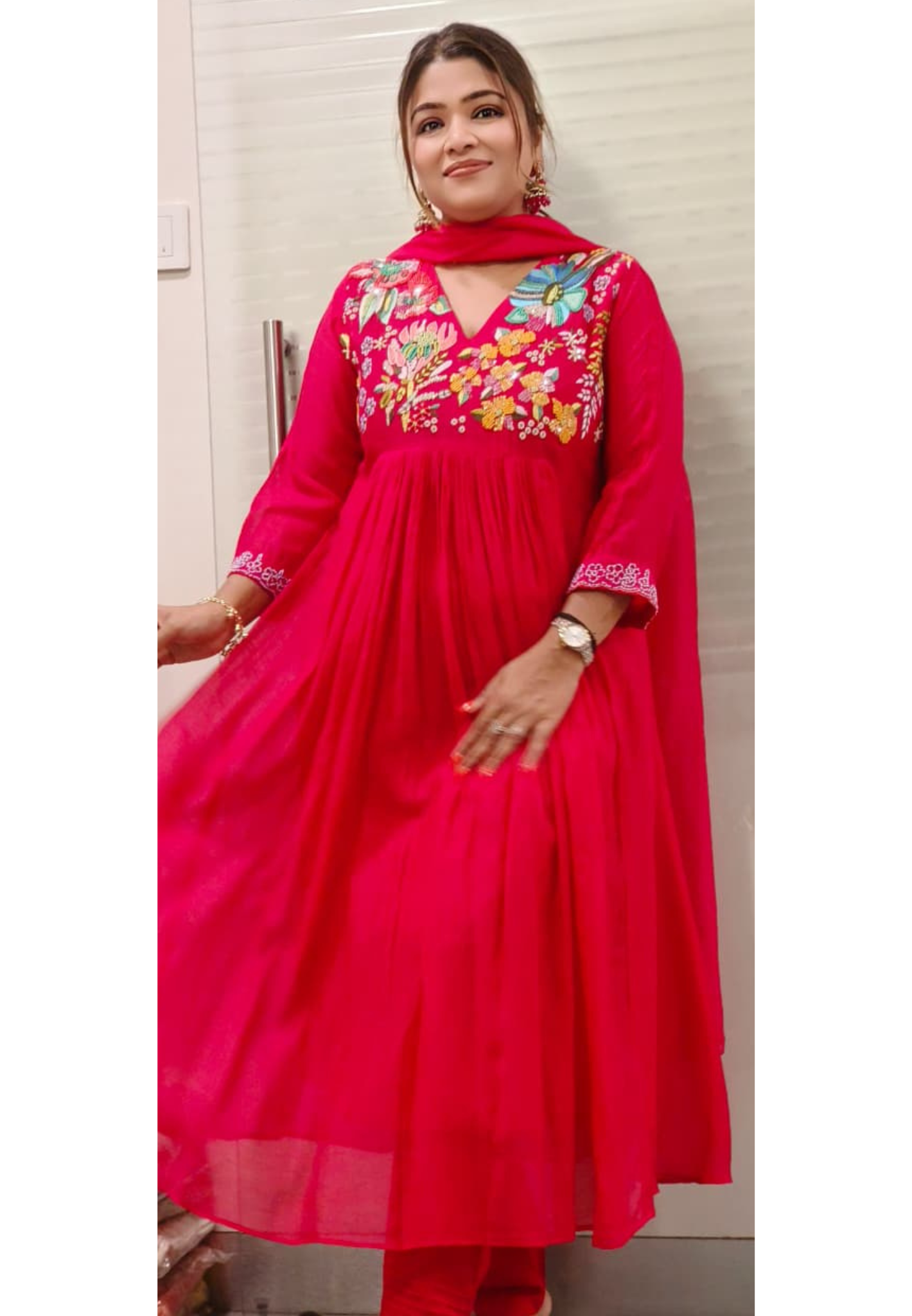 Beads Cut Dana Embroidered Yoke Mul-Chanderi A-Line Full Suit Set With Dupatta
