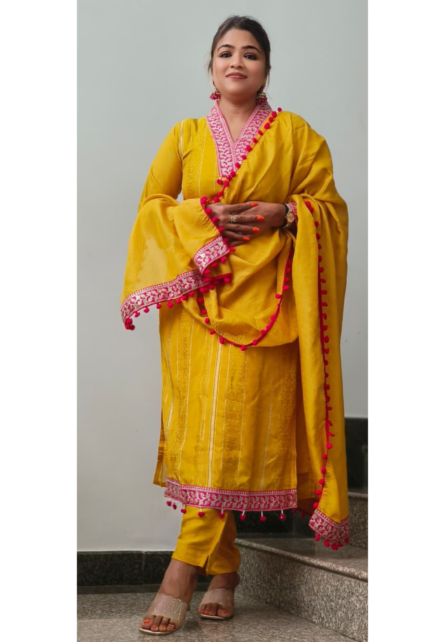 V-Neck Tasseled Floral Zari Embroidered Panel Straight Full Suit Set With Pom-Pom Bordered Dupatta In Organza Synthetic Fabric