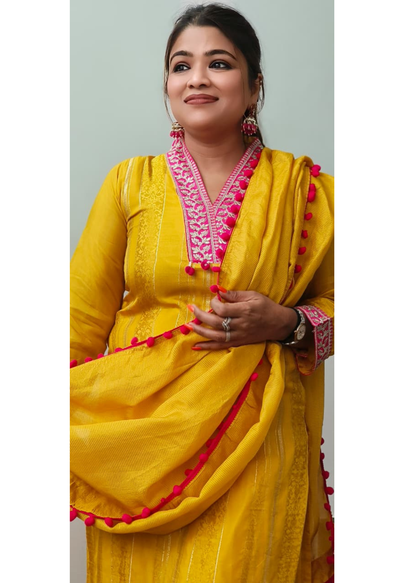 V-Neck Tasseled Floral Zari Embroidered Panel Straight Full Suit Set With Pom-Pom Bordered Dupatta In Organza Synthetic Fabric