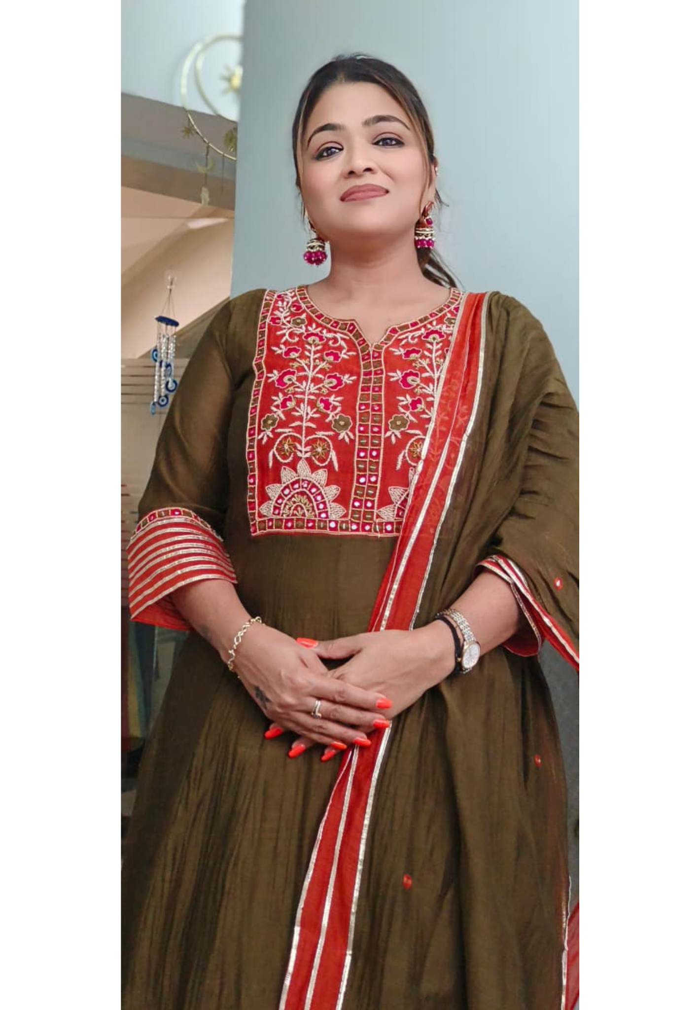 Premium Mul Chanderi Intricate Mirror Hand Embroidery A-Line Full Suit Set With Dupatta- 11429, 11430, 11431