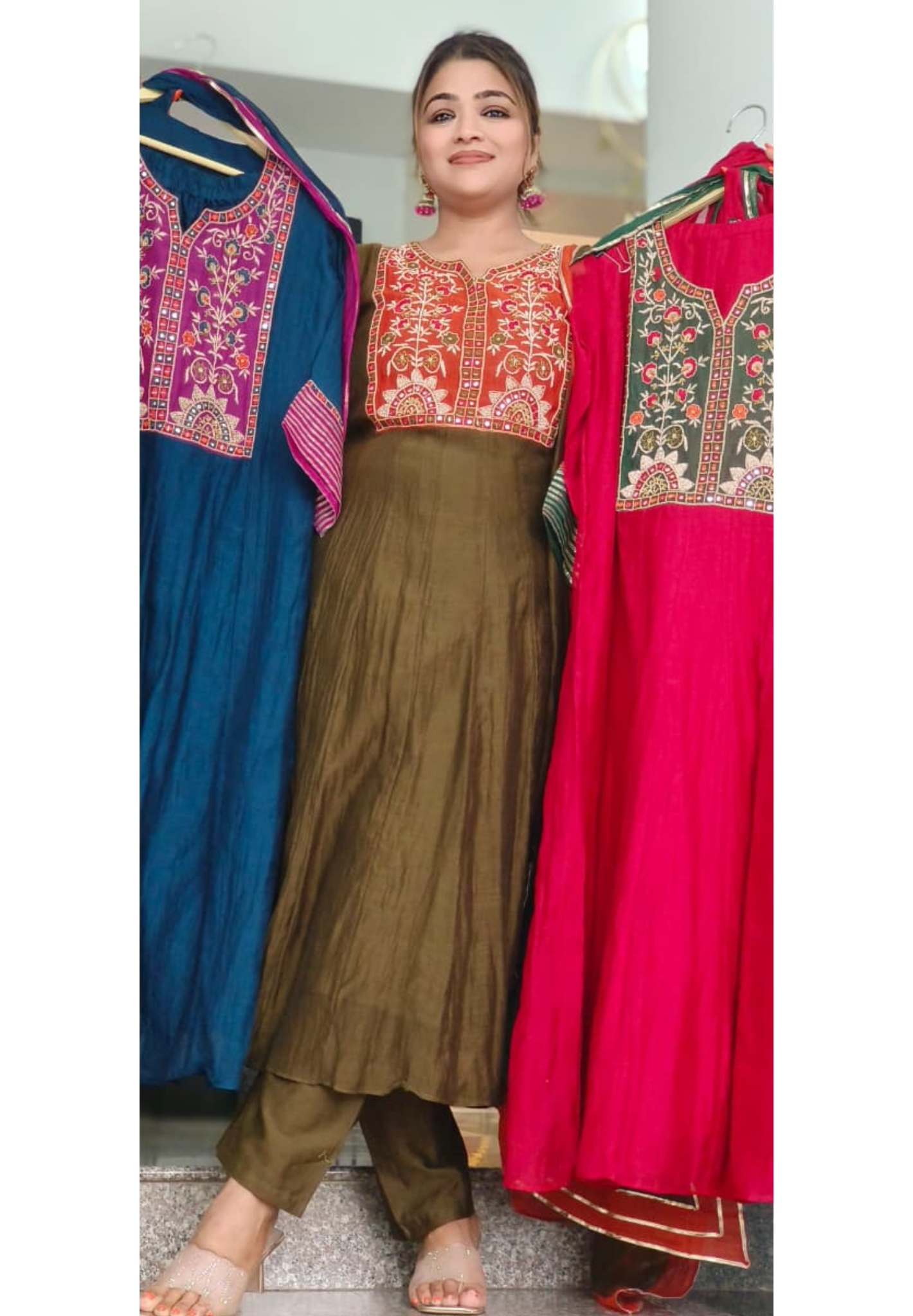 Premium Mul Chanderi Intricate Mirror Hand Embroidery A-Line Full Suit Set With Dupatta- 11429, 11430, 11431