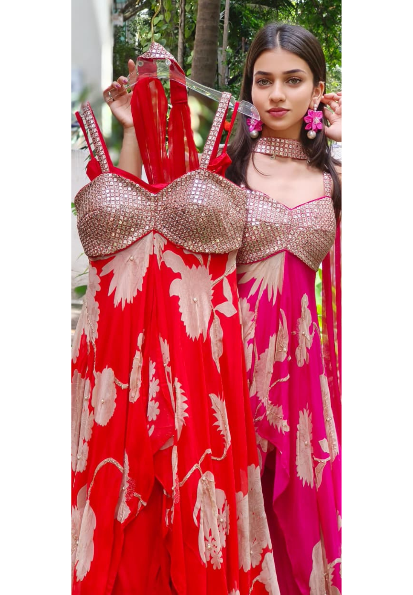 Foil Work Ensemble Petal Glow Party Wear High-Low Buster Look Kurta With Loose Palazzo Flared Bottom In Organza Fabric (DISPATCHING AFTER 25 DAYS ON ORDERS EXCEPT FOR 38 SIZE)