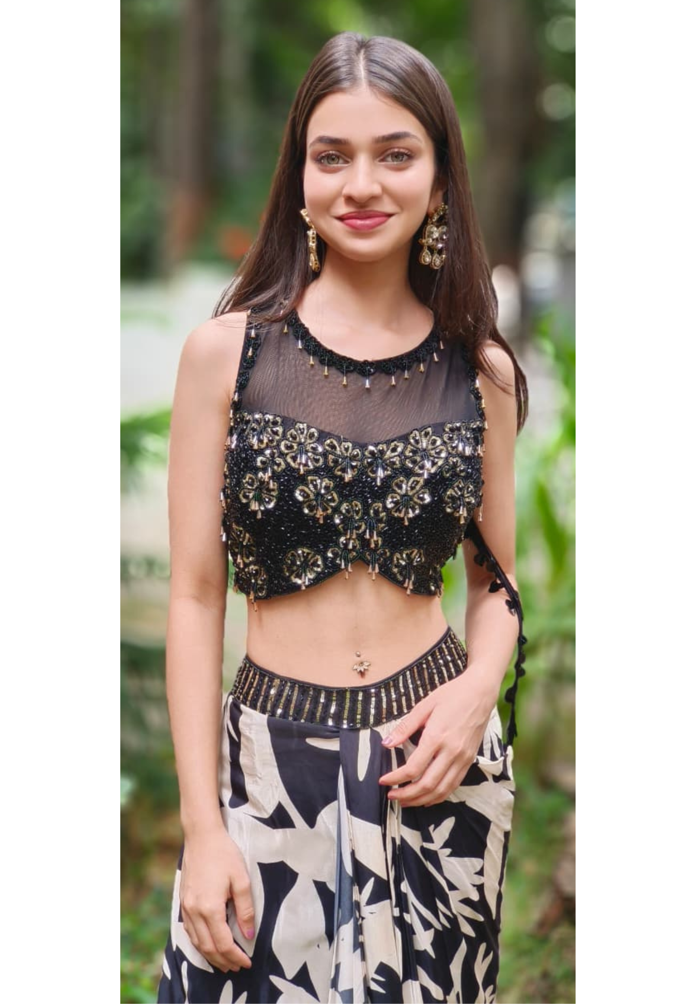 Dazzle Bloom Floral Cut-Dana Crystal Tassel Hang Crop-Top With Drape Skirt In Crepe Fabric (DISPATCHING AFTER 25 DAYS ON ORDERS EXCEPT FOR 38 SIZE)