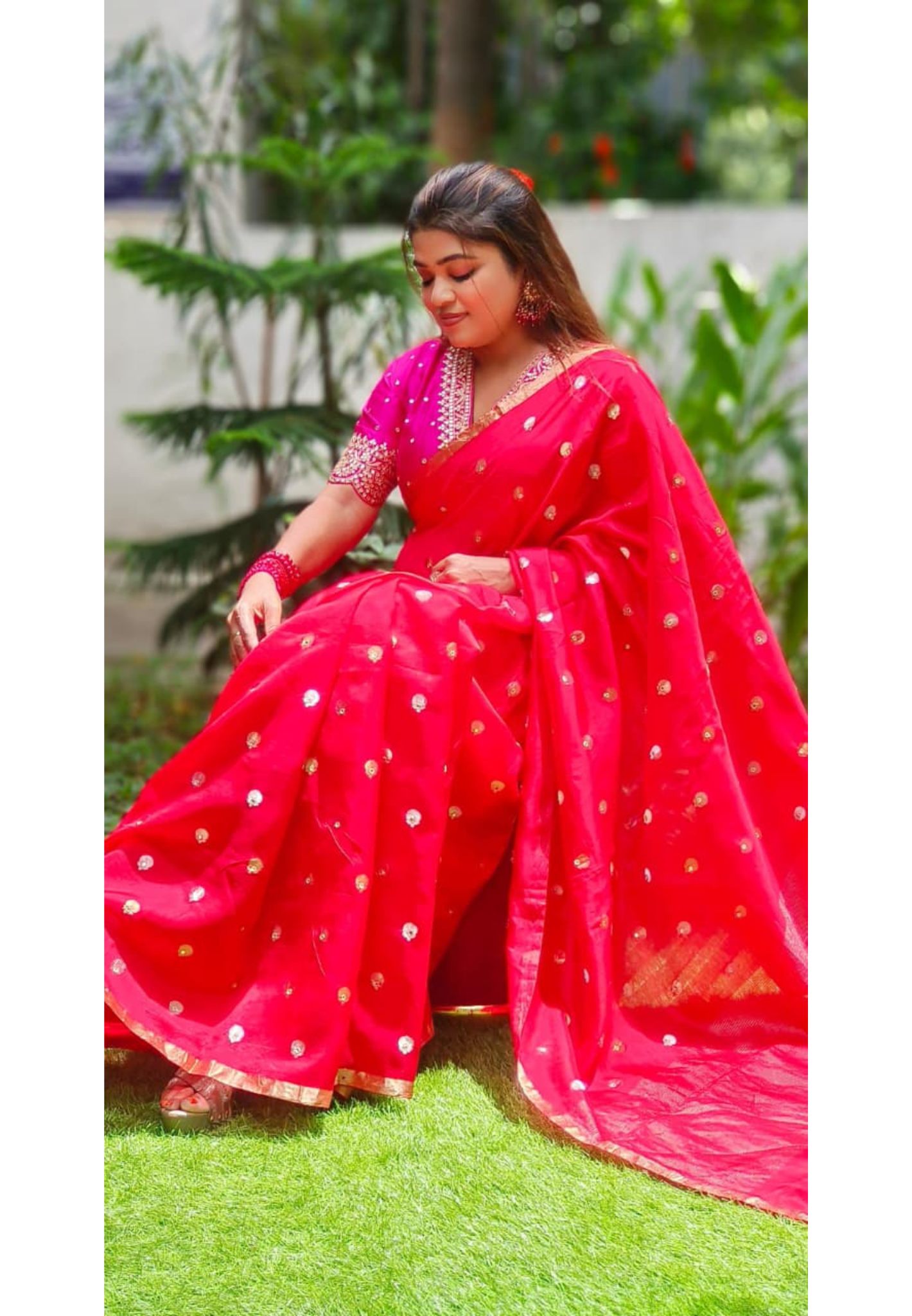 V-Neck Bright Shade Banarasi Touch Designer Saree In Pure Silk Fabric