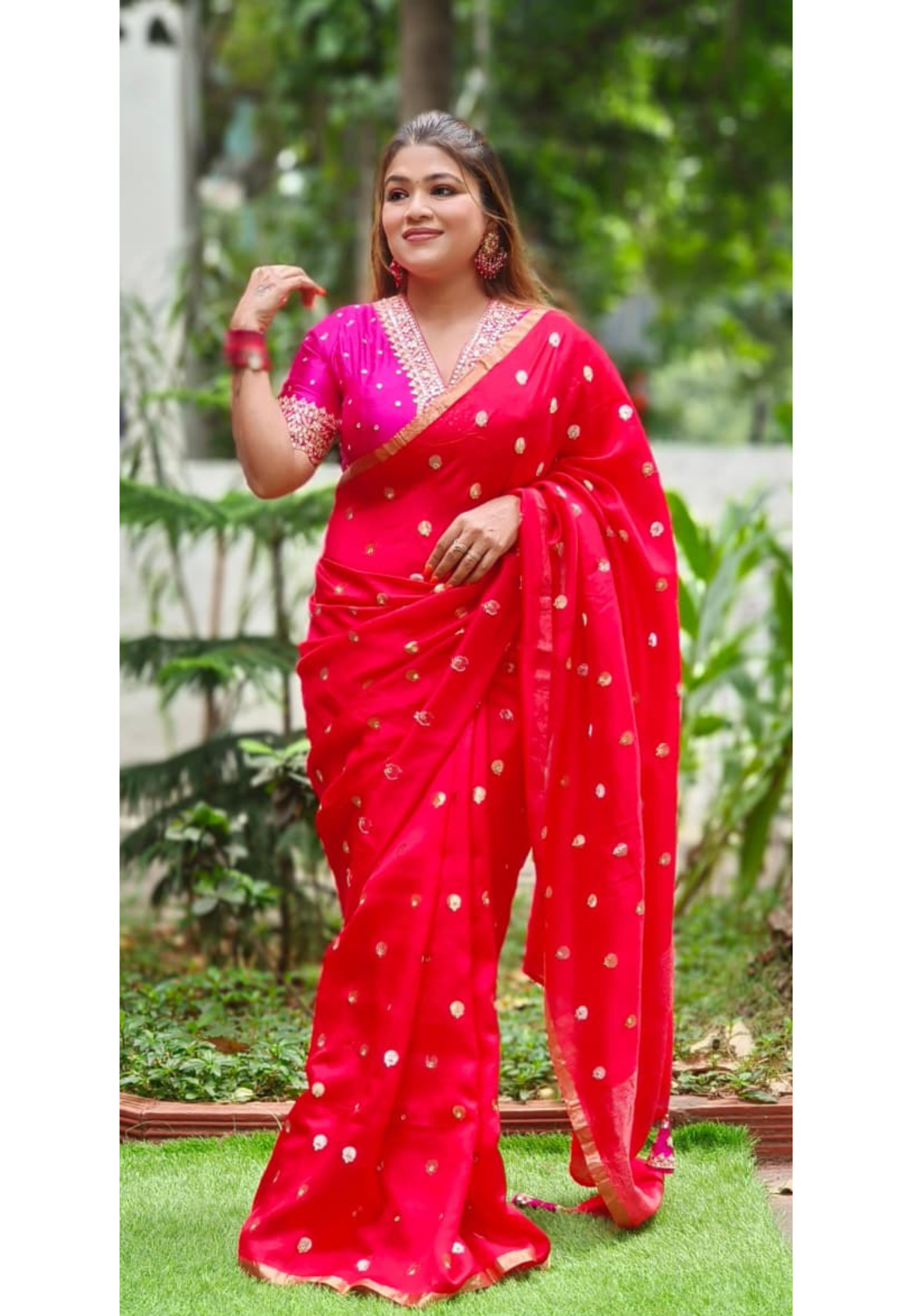 V-Neck Bright Shade Banarasi Touch Designer Saree In Pure Silk Fabric