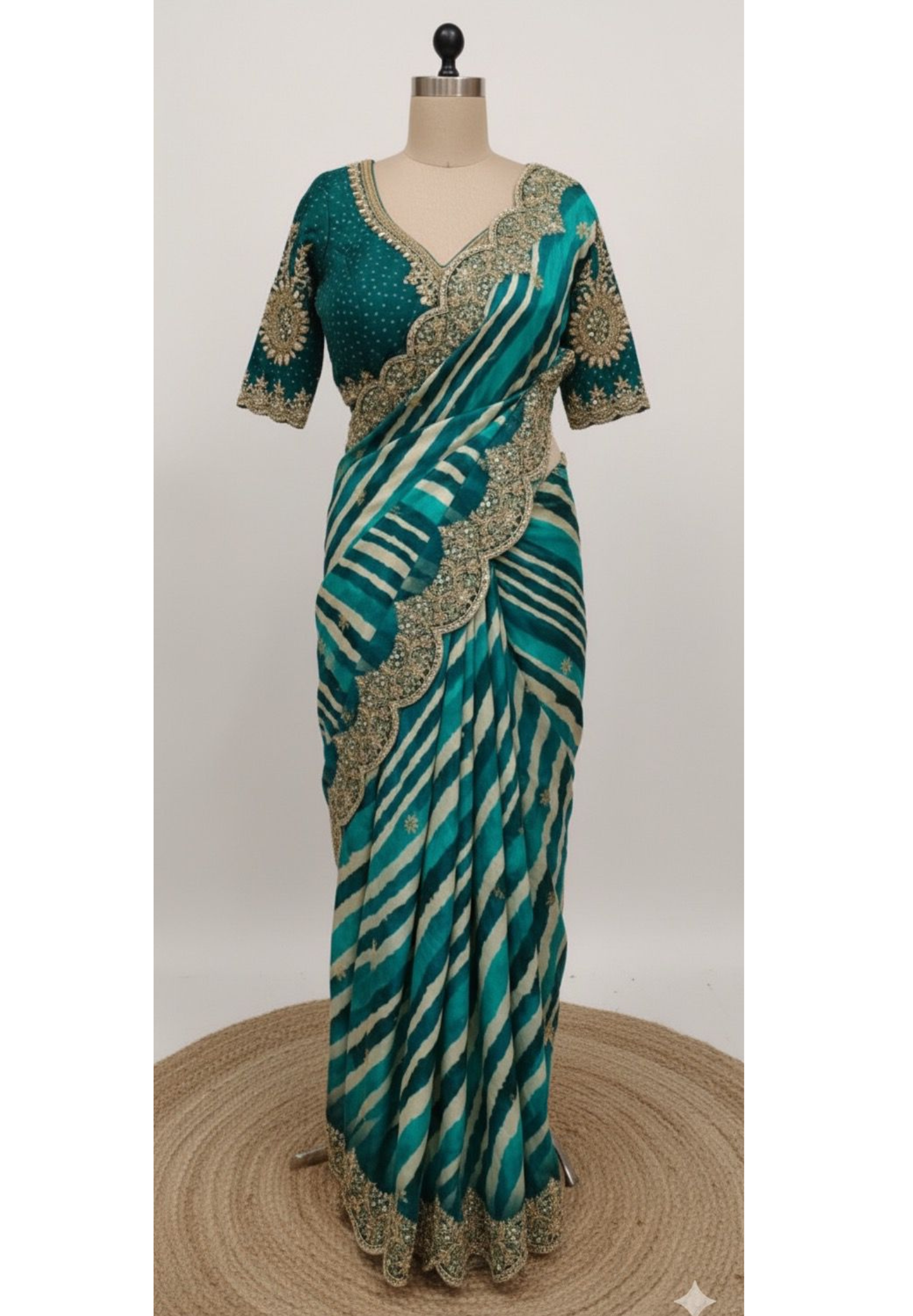 Leheriya Striped Heavy Grand Bordered Designer Saree In Silk Brocade Fabric