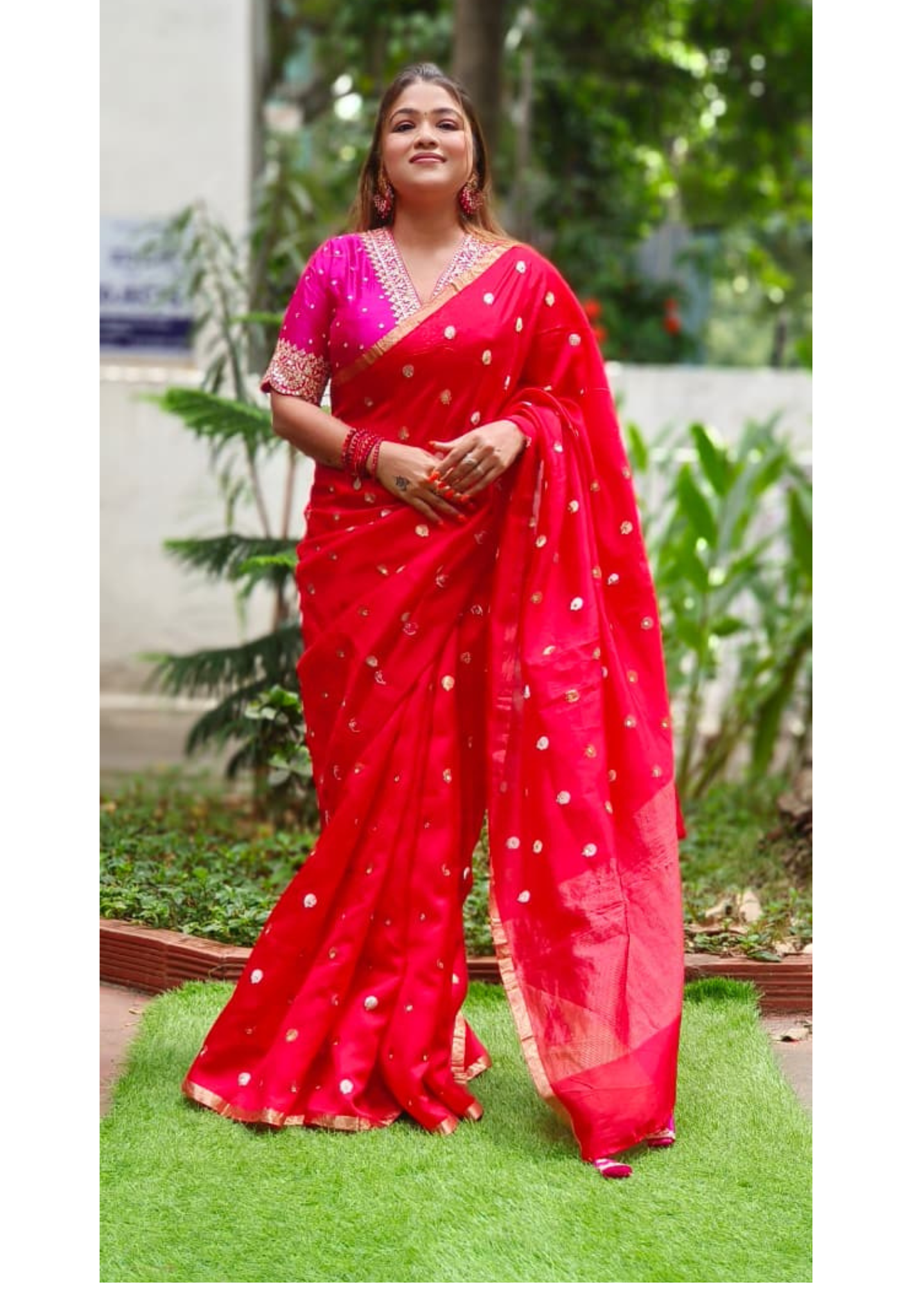 V-Neck Bright Shade Banarasi Touch Designer Saree In Pure Silk Fabric