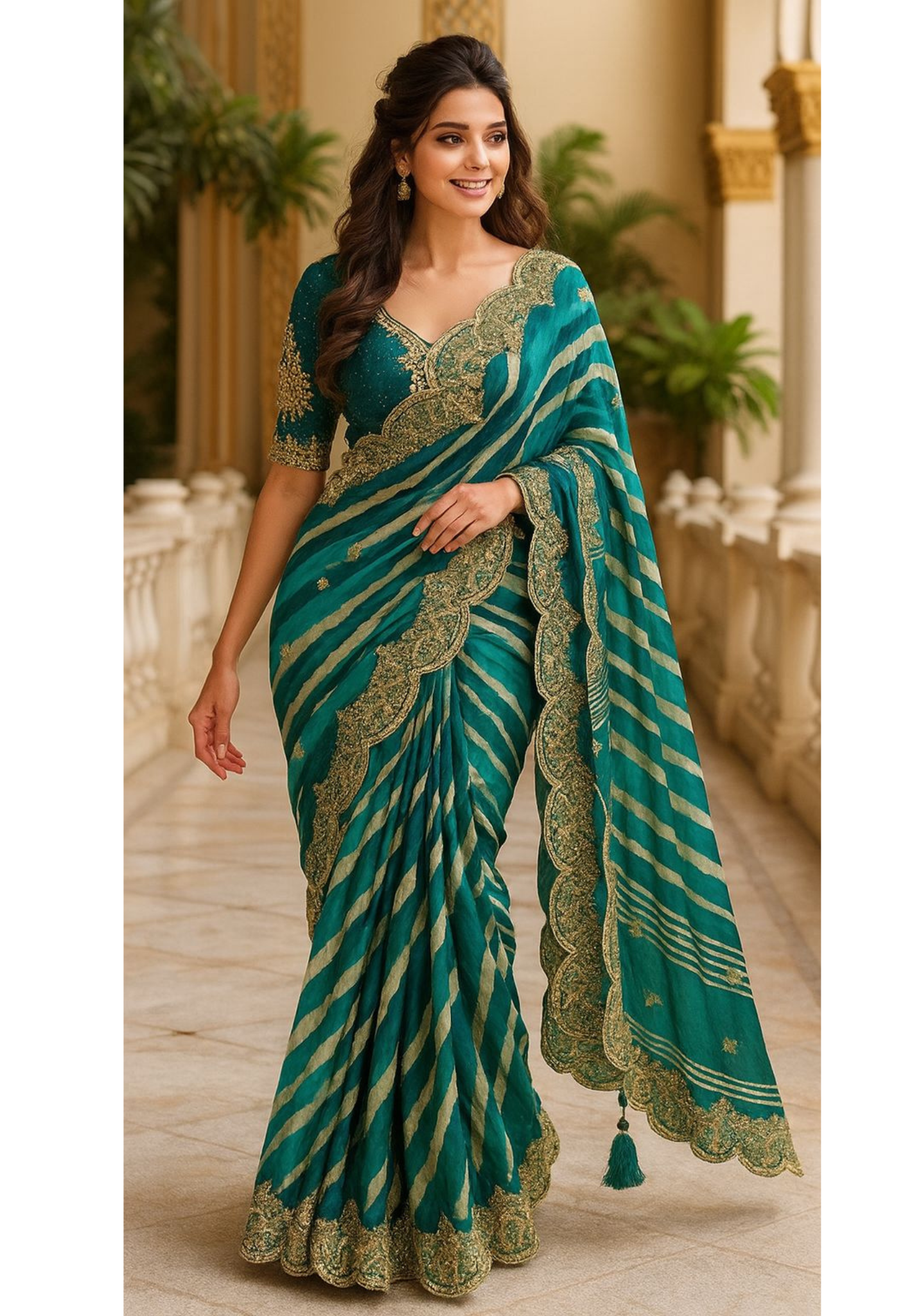 Leheriya Striped Heavy Grand Bordered Designer Saree In Silk Brocade Fabric