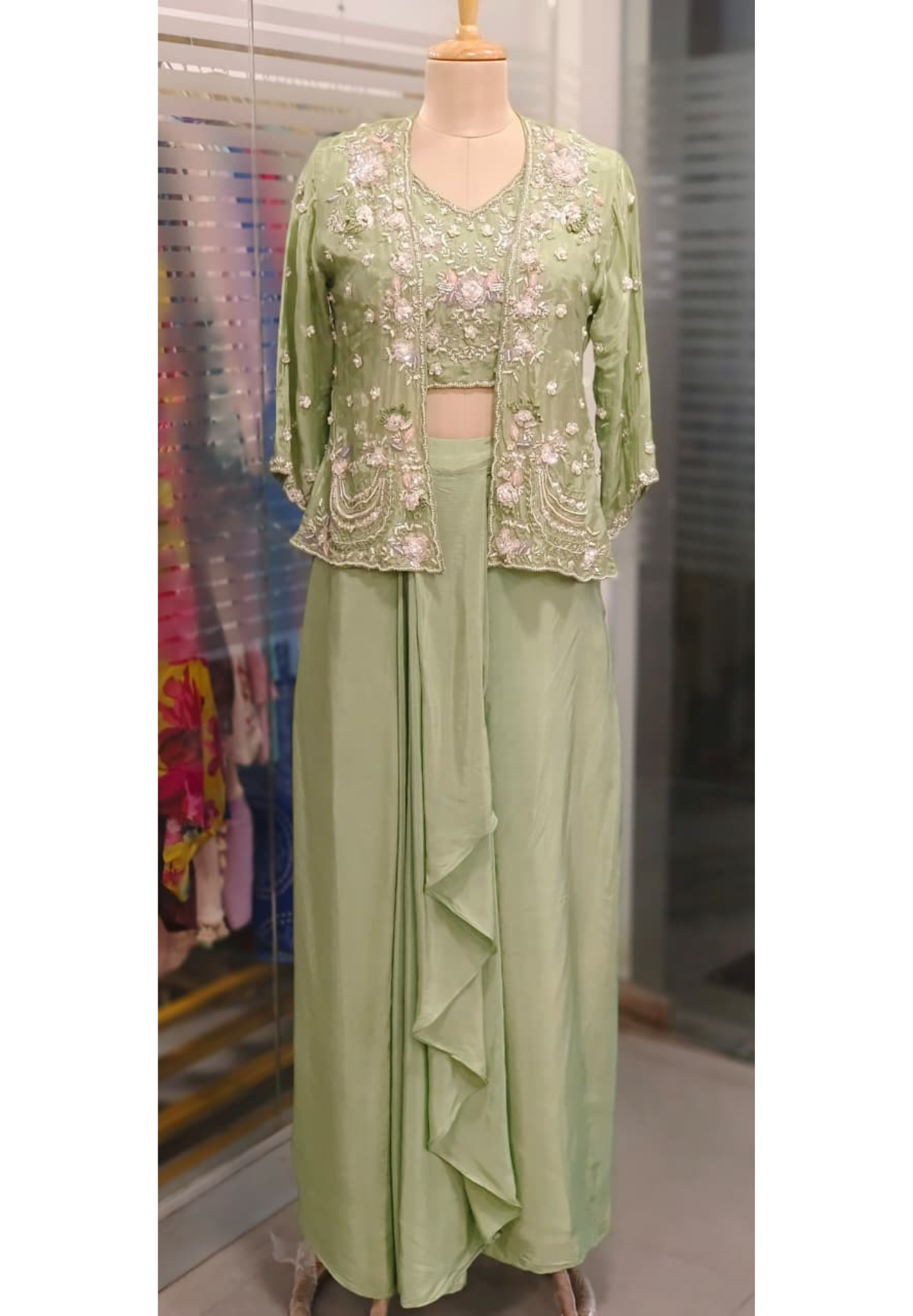 Floral Elegance Popped Handwork Jacket With Crop Top & Drape Skirt In Crepe Fabric- 11592
