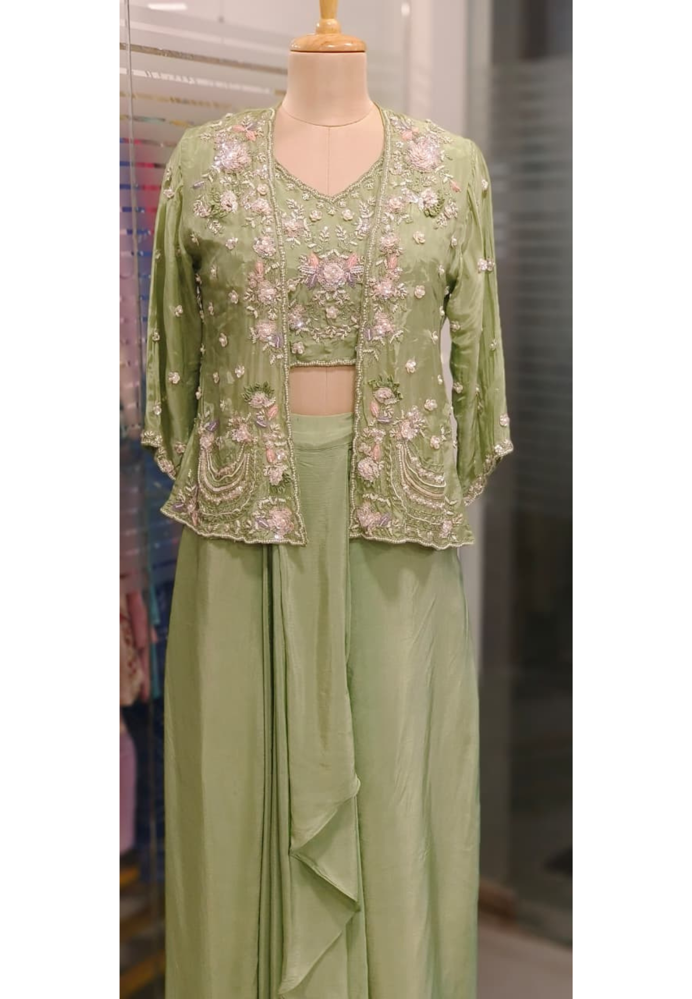 Floral Elegance Popped Handwork Jacket With Crop Top & Drape Skirt In Crepe Fabric- 11592