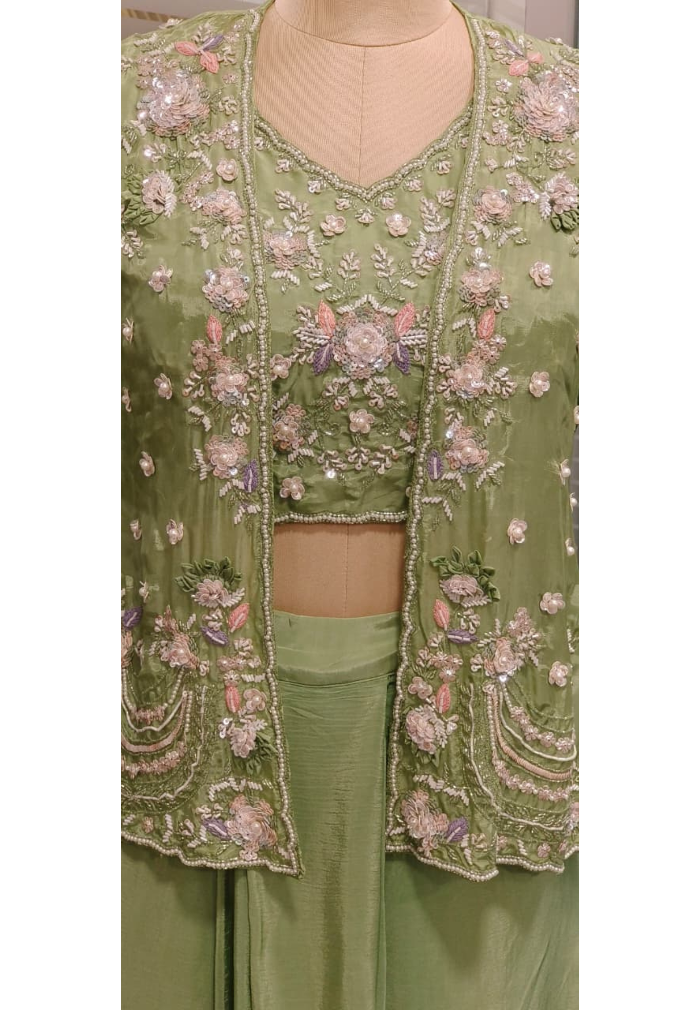 Floral Elegance Popped Handwork Jacket With Crop Top & Drape Skirt In Crepe Fabric- 11592