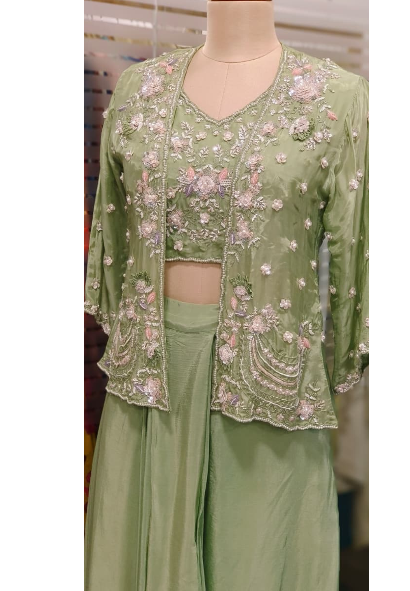 Floral Elegance Popped Handwork Jacket With Crop Top & Drape Skirt In Crepe Fabric- 11592