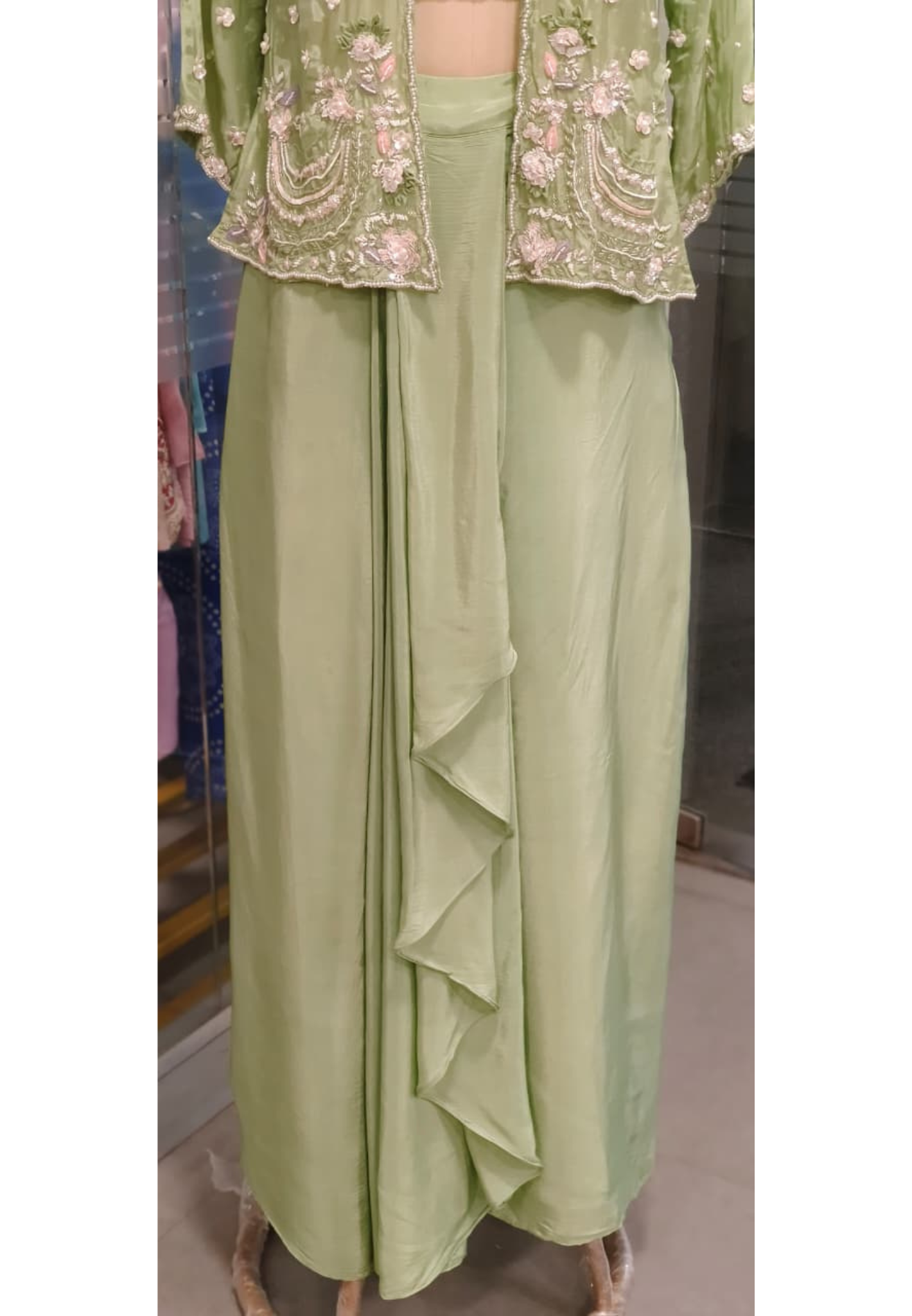Floral Elegance Popped Handwork Jacket With Crop Top & Drape Skirt In Crepe Fabric- 11592