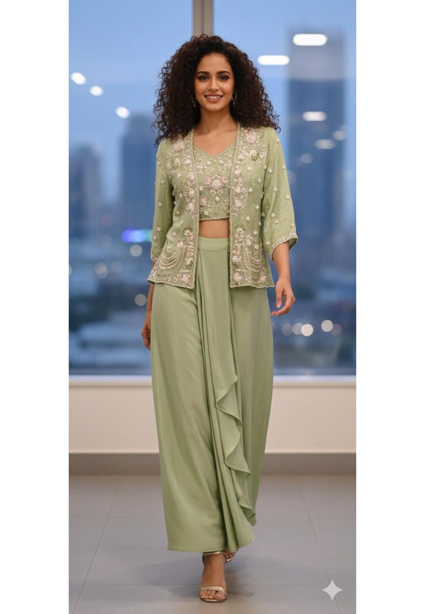 Floral Elegance Popped Handwork Jacket With Crop Top & Drape Skirt In Crepe Fabric- 11592