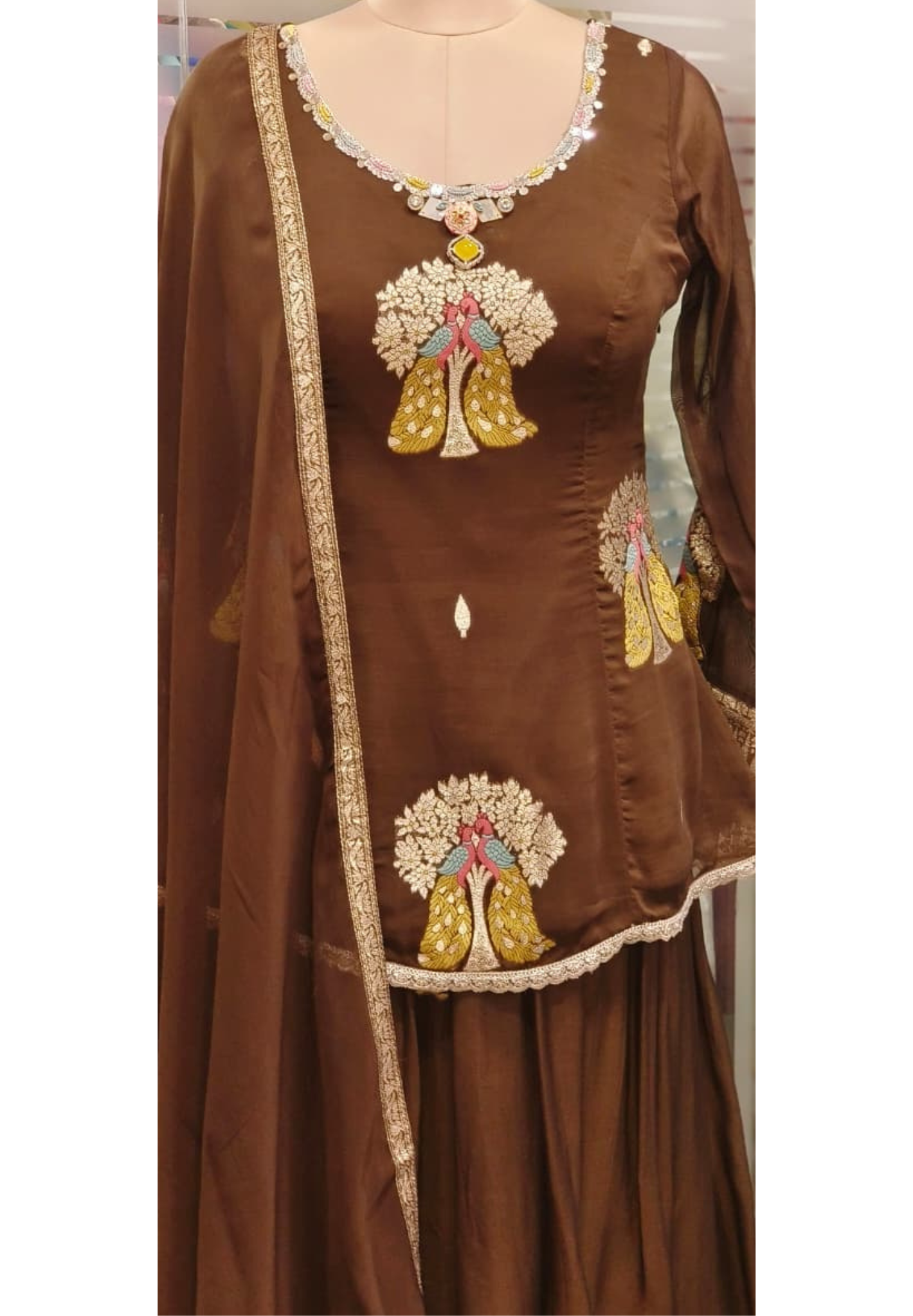 Twin Peacock Brocade Designed Unique Neck Handwork Full Suit Set With Dupatta & Skirt Bottom(Cane-Cane Inside) In Organza Fabric- 11539