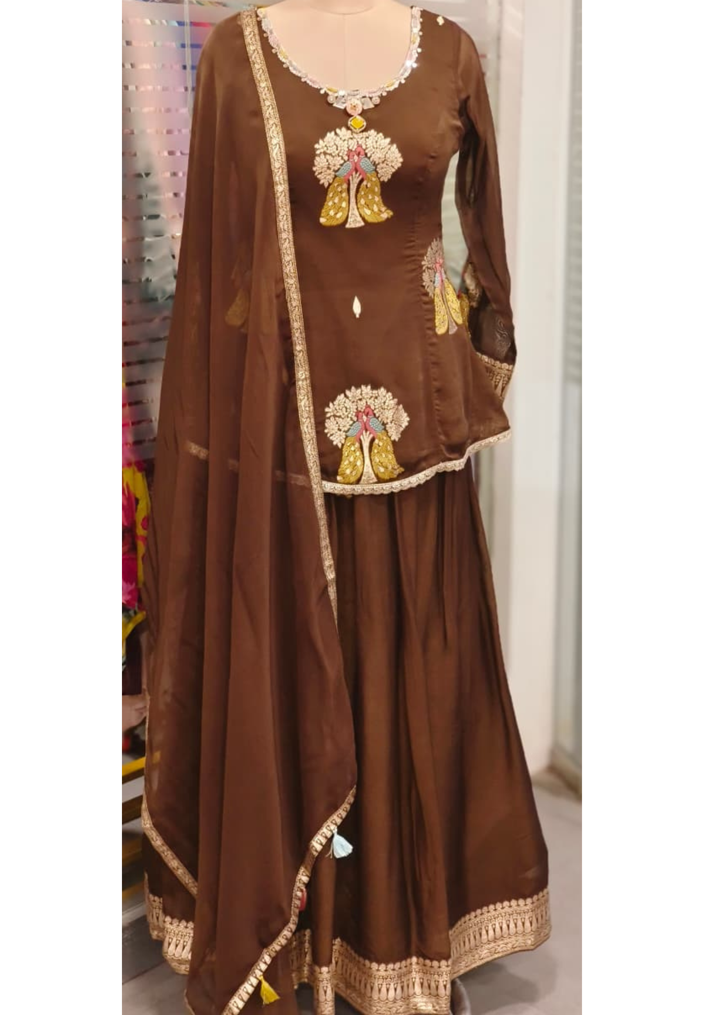 Twin Peacock Brocade Designed Unique Neck Handwork Full Suit Set With Dupatta & Skirt Bottom(Cane-Cane Inside) In Organza Fabric- 11539