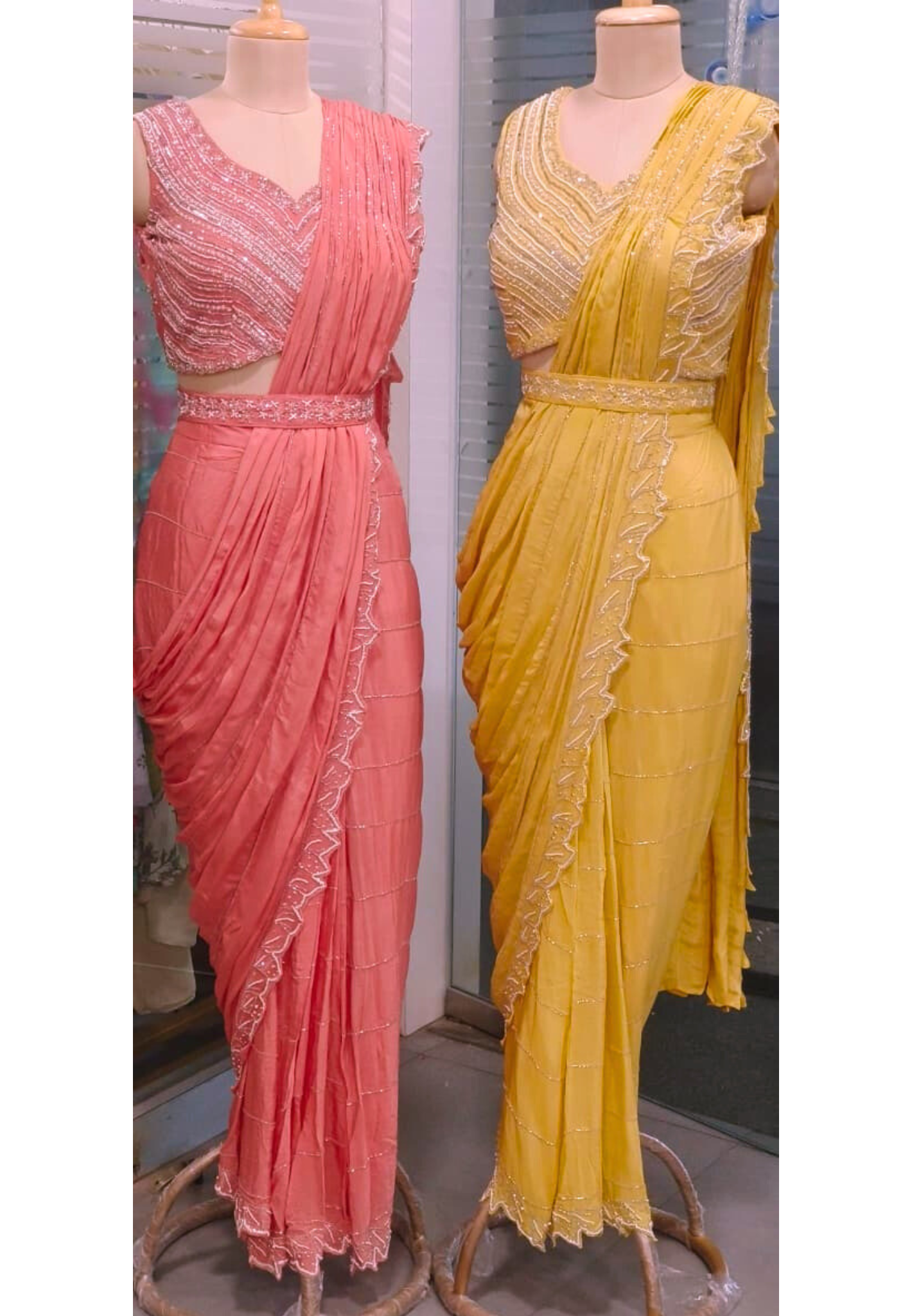 Sequenced Heavy Hand Worked Padded Blouse With Cutdana Cut Work Drape Saree In Chinon Fabric & Separate Belt- 11566, 11568