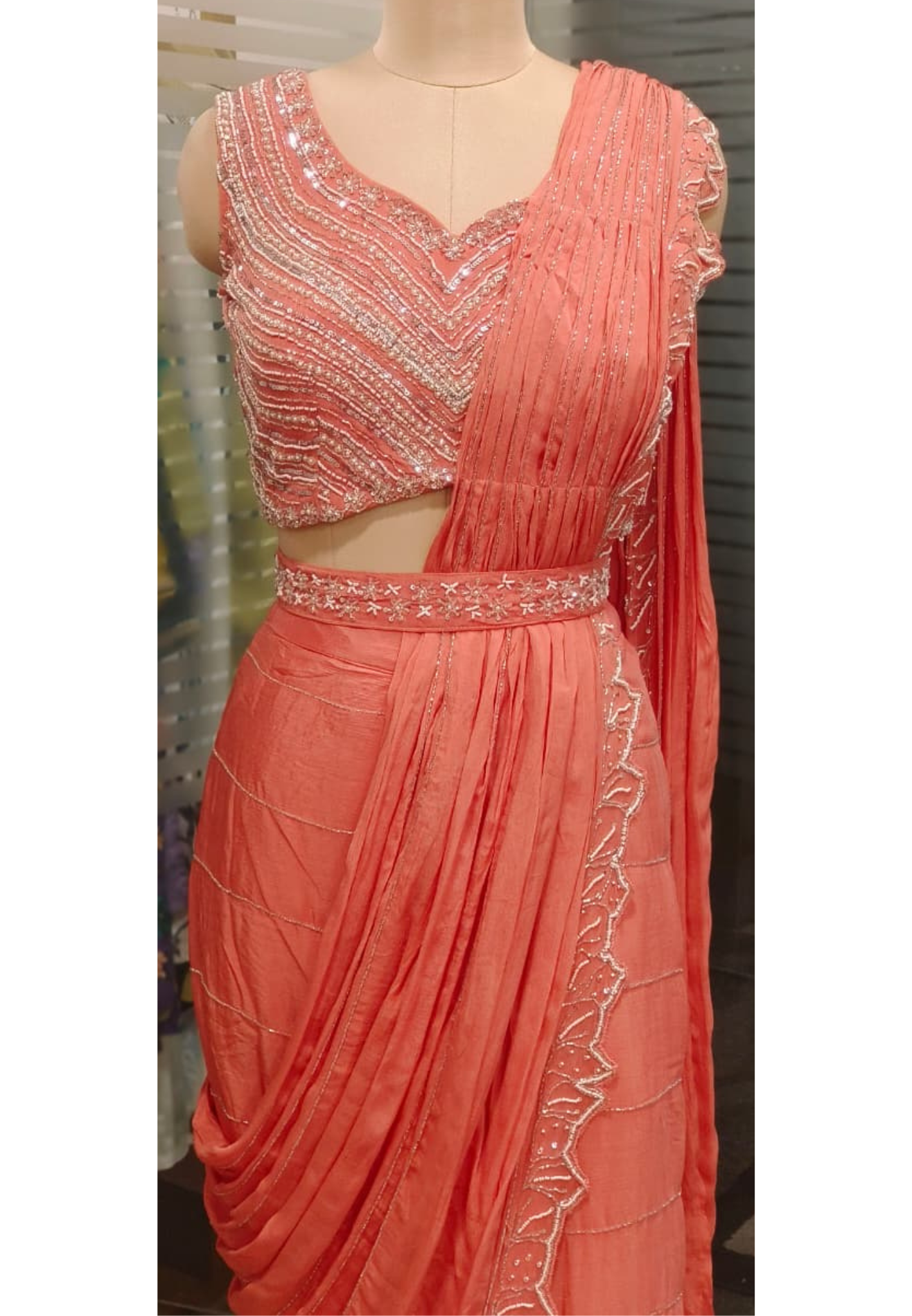 Sequenced Heavy Hand Worked Padded Blouse With Cutdana Cut Work Drape Saree In Chinon Fabric & Separate Belt- 11566, 11568