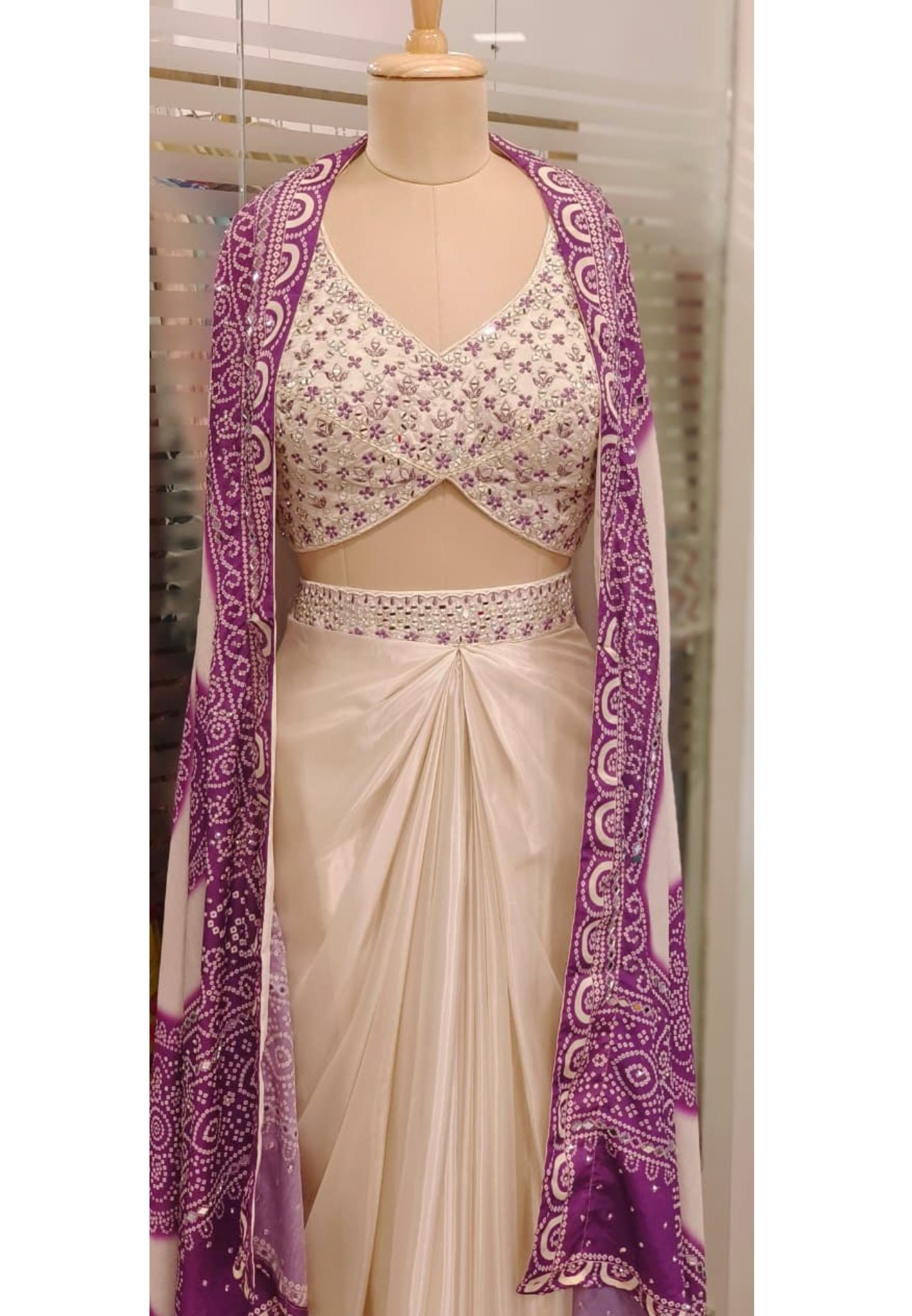 Thread Embroidered With Real Mirror Padded Crop-Top, Bandhej Crepe Outer & Drape Skirt In Silk Fabric- 11559, 11560