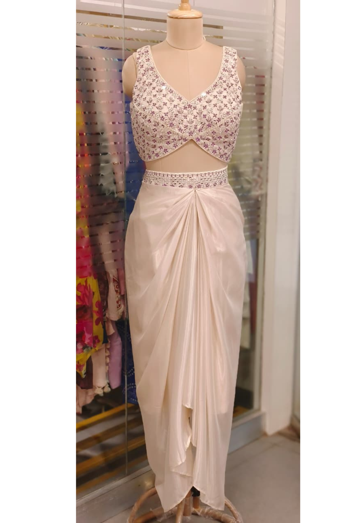 Thread Embroidered With Real Mirror Padded Crop-Top, Bandhej Crepe Outer & Drape Skirt In Silk Fabric- 11559, 11560