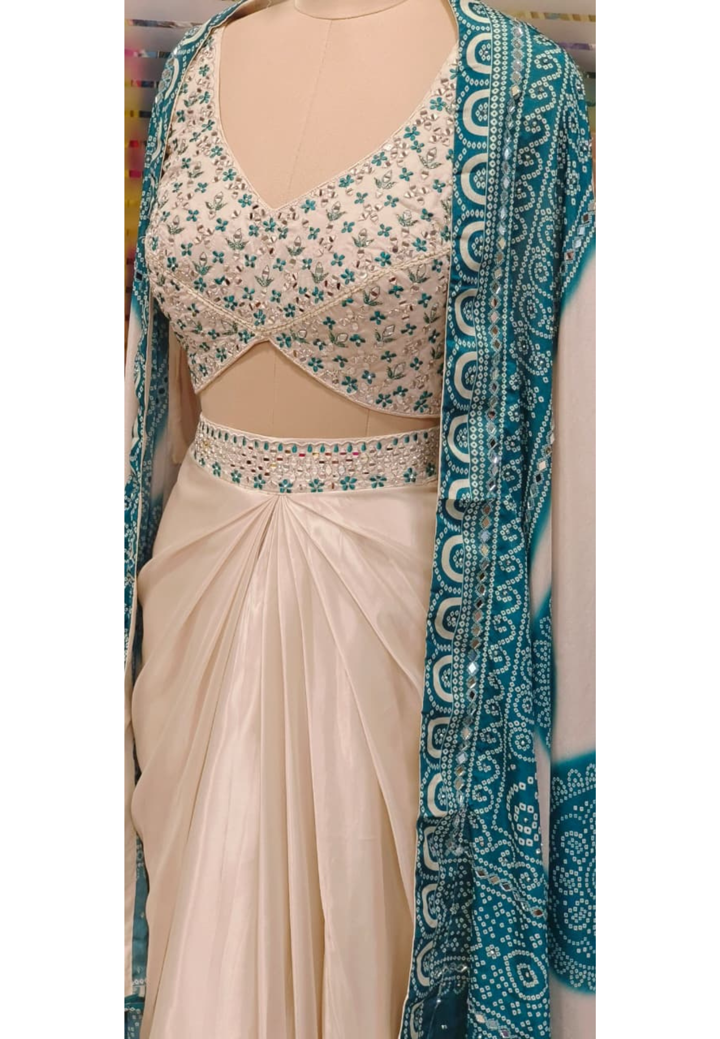 Thread Embroidered With Real Mirror Padded Crop-Top, Bandhej Crepe Outer & Drape Skirt In Silk Fabric- 11559, 11560