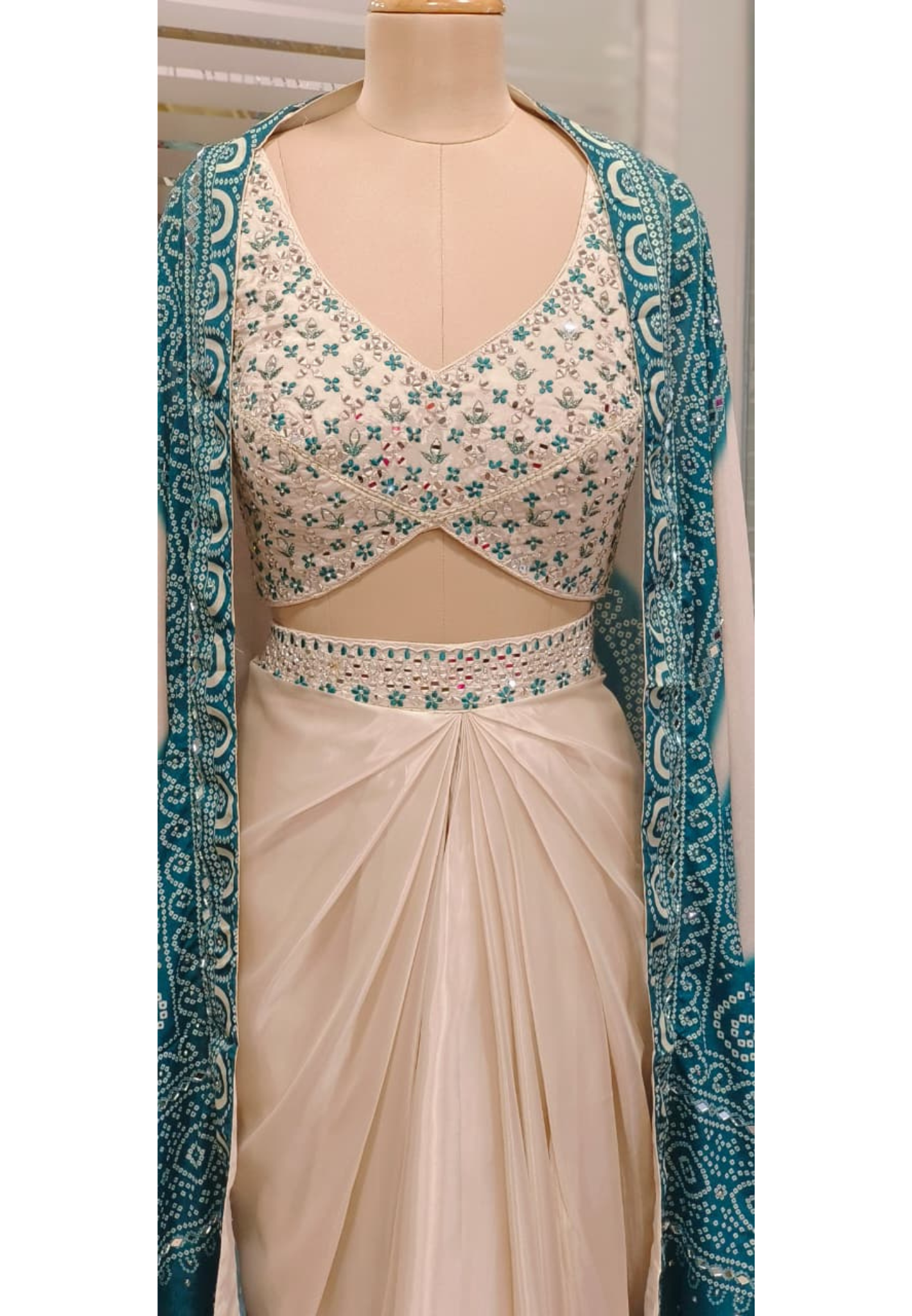 Thread Embroidered With Real Mirror Padded Crop-Top, Bandhej Crepe Outer & Drape Skirt In Silk Fabric- 11559, 11560
