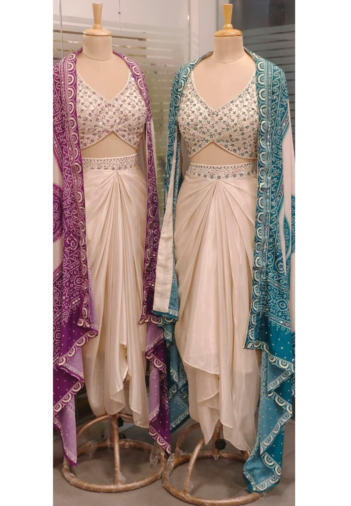 Thread Embroidered With Real Mirror Padded Crop-Top, Bandhej Crepe Outer & Drape Skirt In Silk Fabric- 11559, 11560