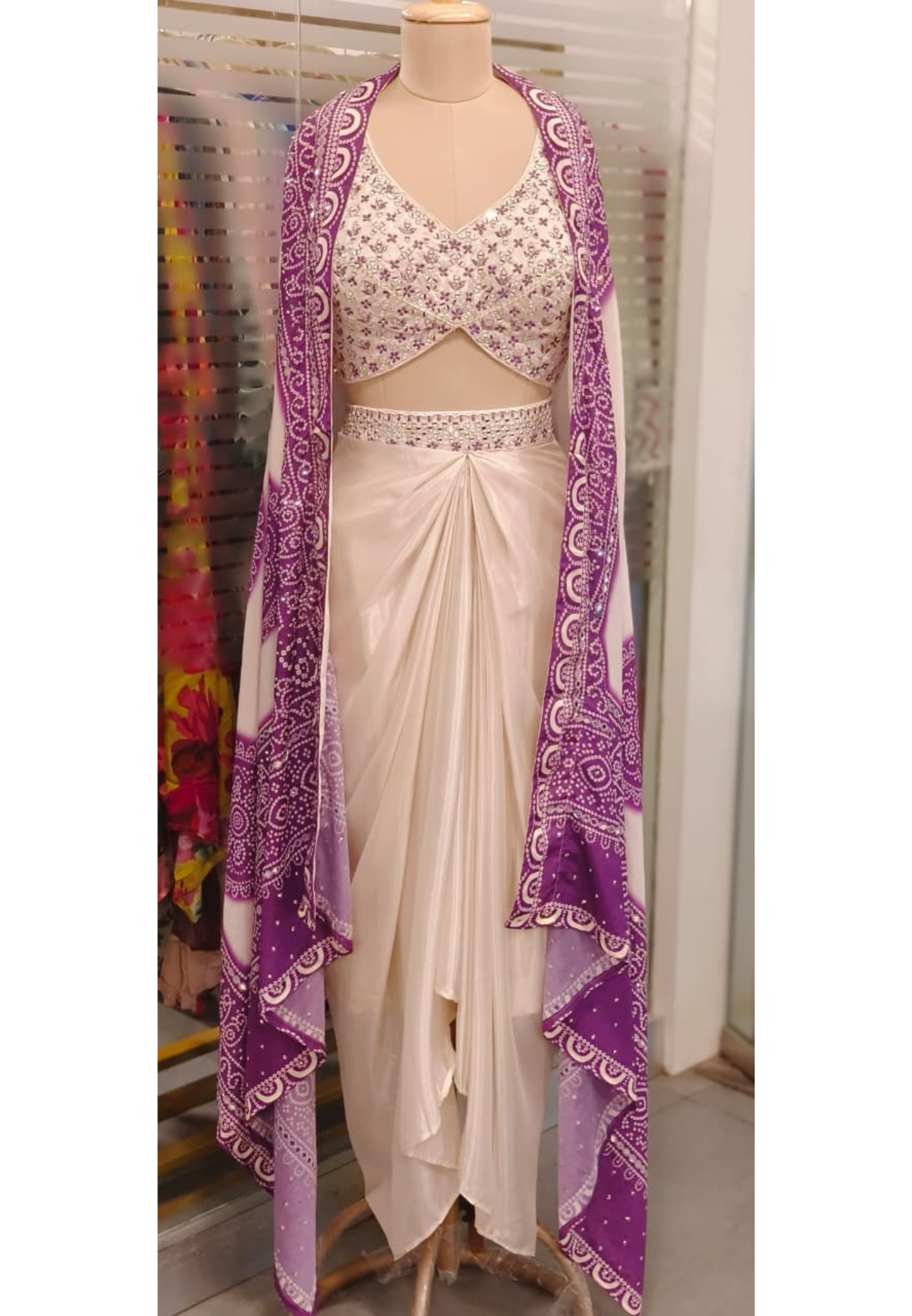Thread Embroidered With Real Mirror Padded Crop-Top, Bandhej Crepe Outer & Drape Skirt In Silk Fabric- 11559, 11560