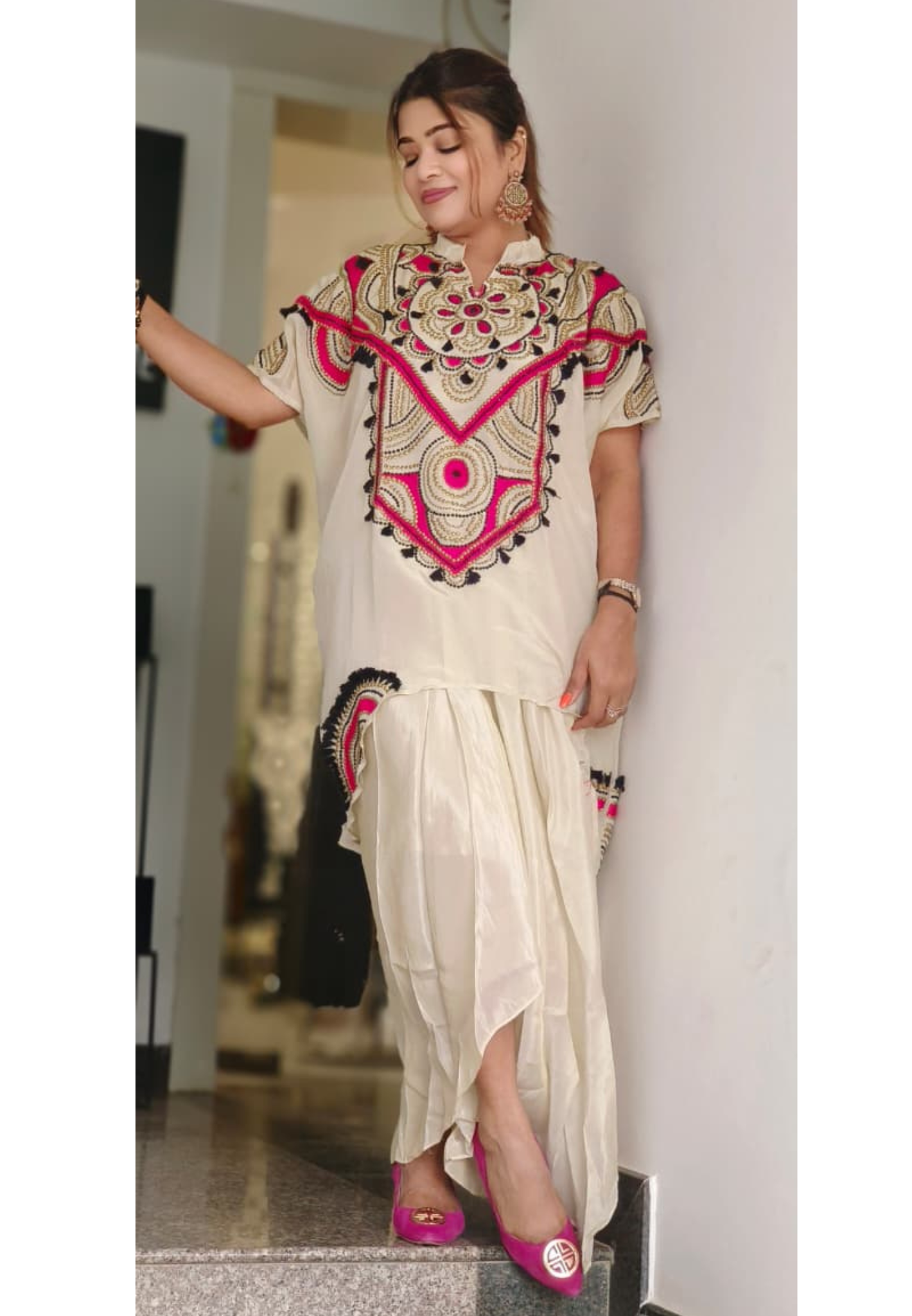 Designer Piece Very Stylish Bold Look Tasseled & Collared Kurta With Inner & Drape Skirt In Tissue Fabric- 11068