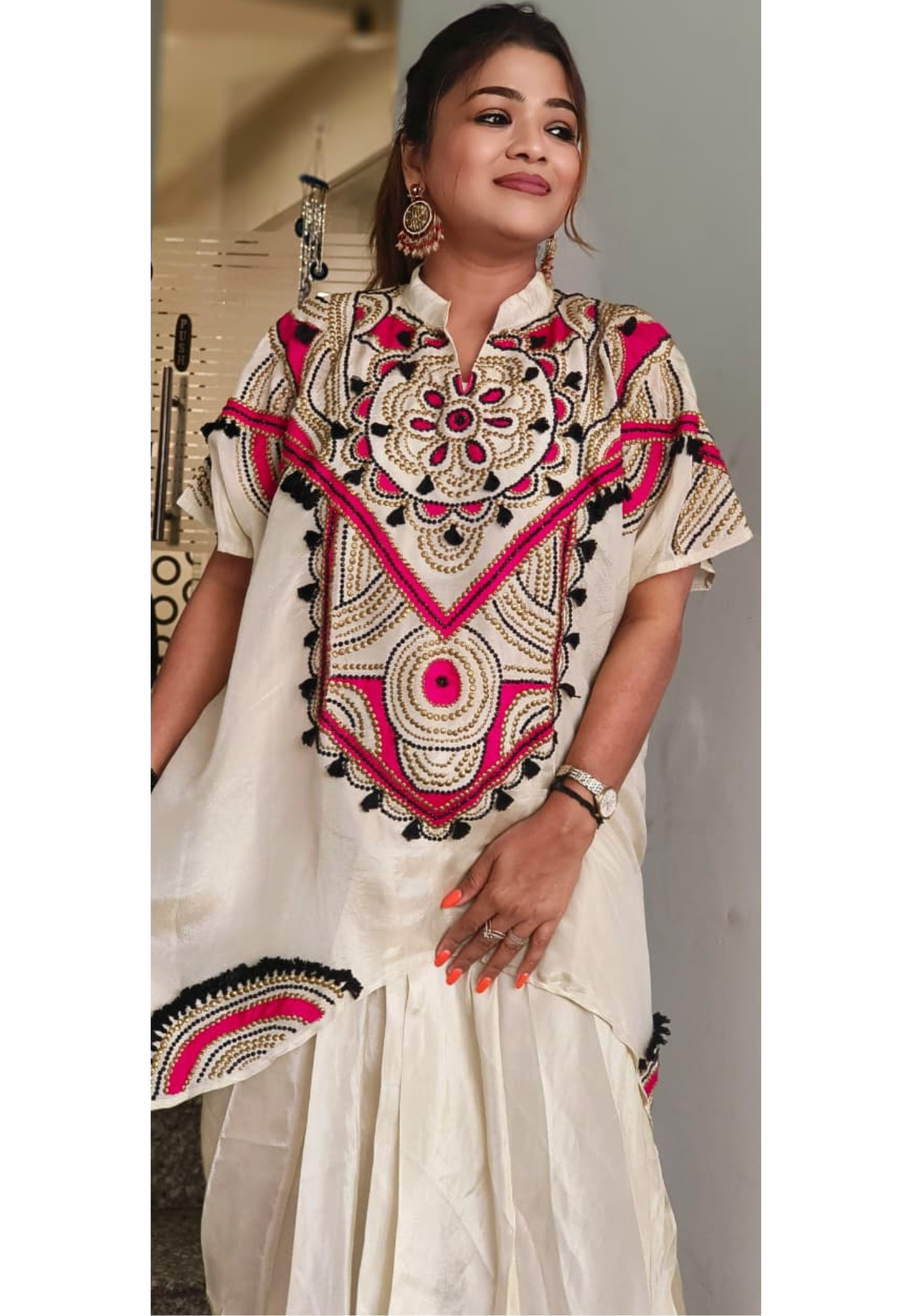 Designer Piece Very Stylish Bold Look Tasseled & Collared Kurta With Inner & Drape Skirt In Tissue Fabric- 11068