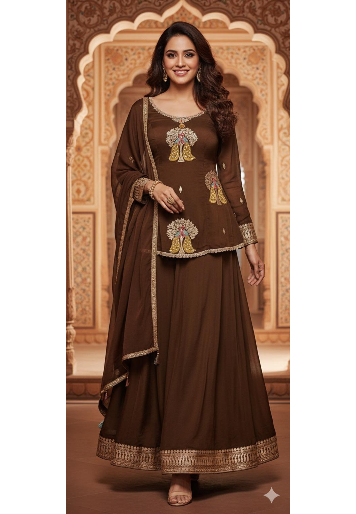 Twin Peacock Brocade Designed Unique Neck Handwork Full Suit Set With Dupatta & Skirt Bottom(Cane-Cane Inside) In Organza Fabric- 11539