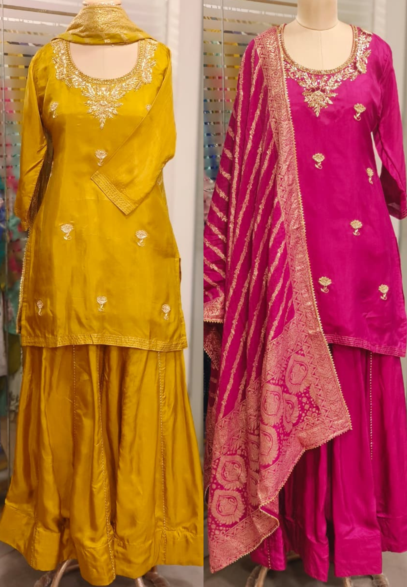 Zardosi U Neck Handwork Full Suit Set With Dupatta & Golden Laced Skirt Bottom In Silk Fabric- 11528, 11527