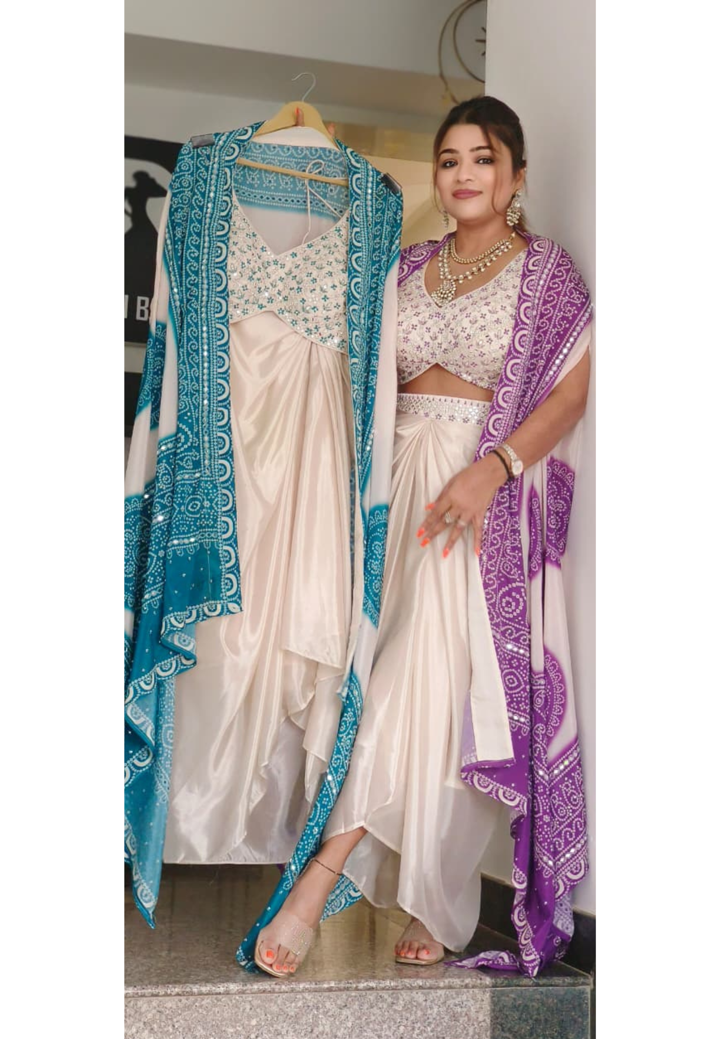 Thread Embroidered With Real Mirror Padded Crop-Top, Bandhej Crepe Outer & Drape Skirt In Silk Fabric- 11559, 11560